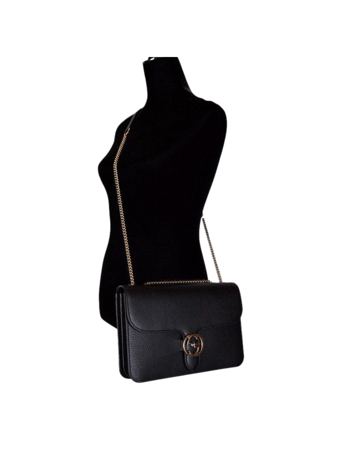 Gucci GG Marmont Crossbody Bag Black Pebbled Leather Gold Chain Interlocking GG