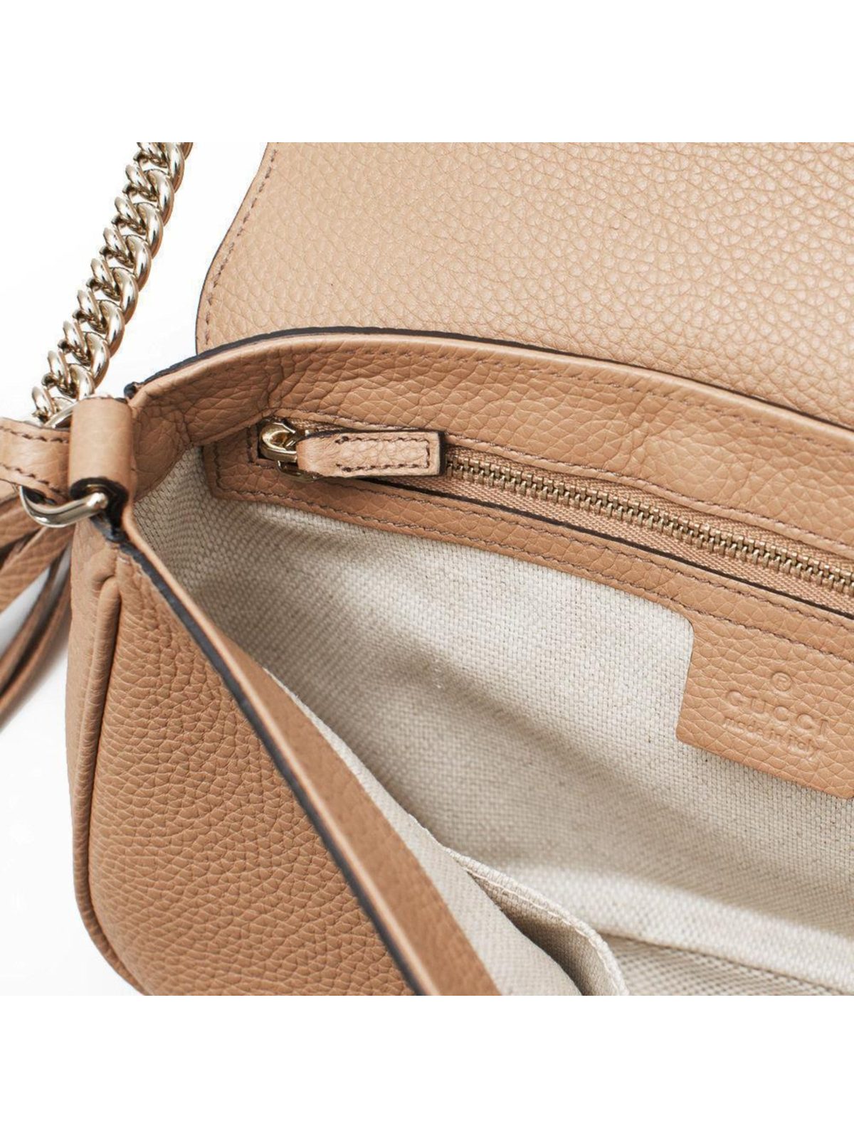 Gucci Soho Disco Beige GG Leather Tassel Chain Crossbody Flap Bag