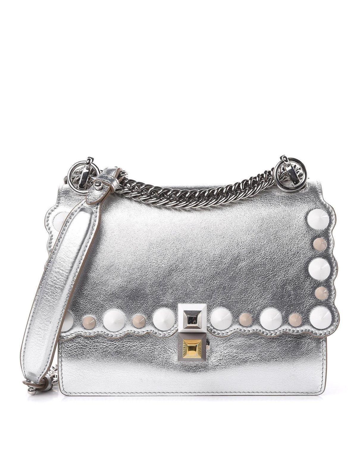 Fendi Kan I Metallic Silver Calfskin Scalloped Studded Bag