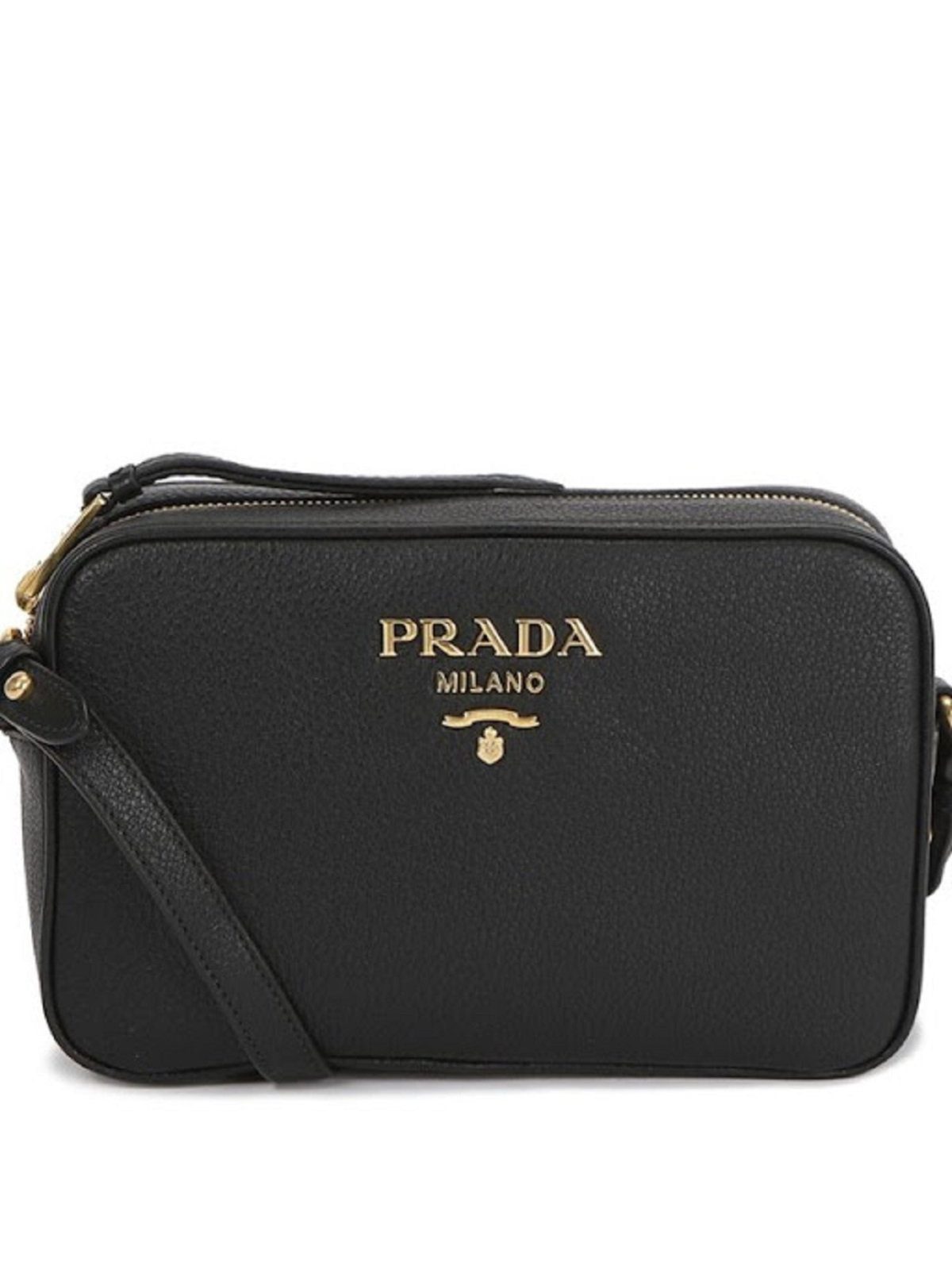 Prada Vitello Phenix Black Leather Gold Logo Camera Crossbody Bag
