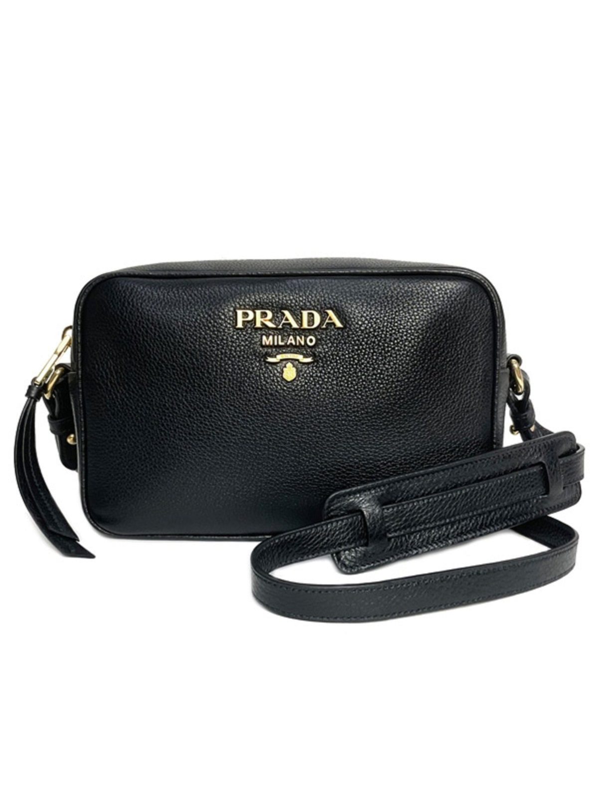 Prada Vitello Phenix Black Leather Gold Logo Camera Crossbody Bag