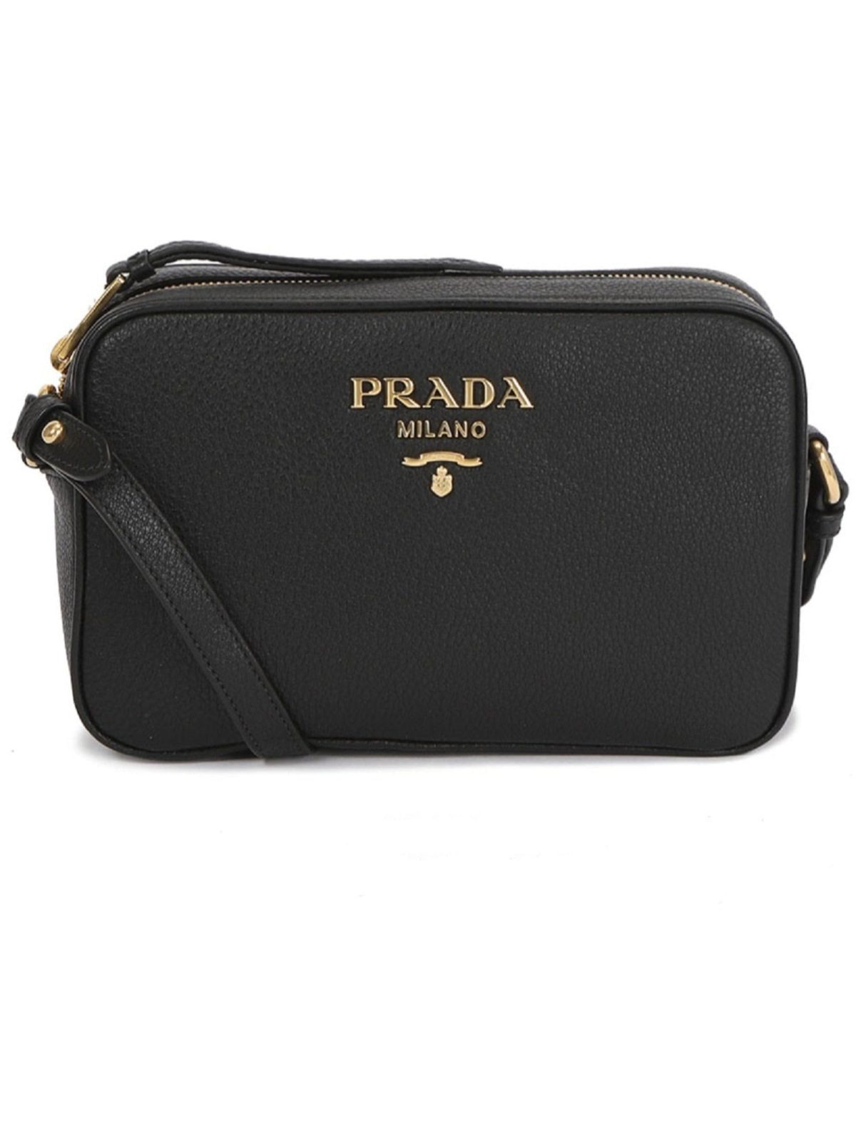 Prada Vitello Phenix Black Leather Gold Logo Camera Crossbody Bag