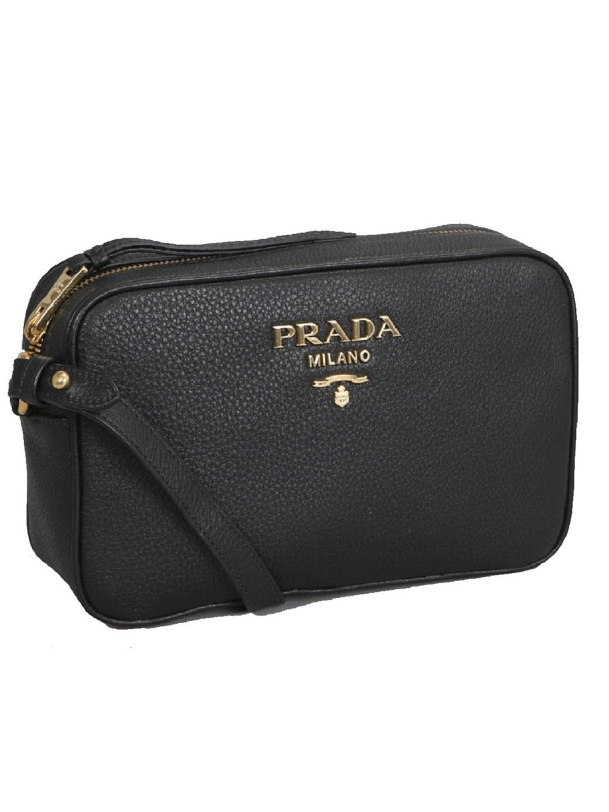 Prada Vitello Phenix Black Leather Gold Logo Camera Crossbody Bag