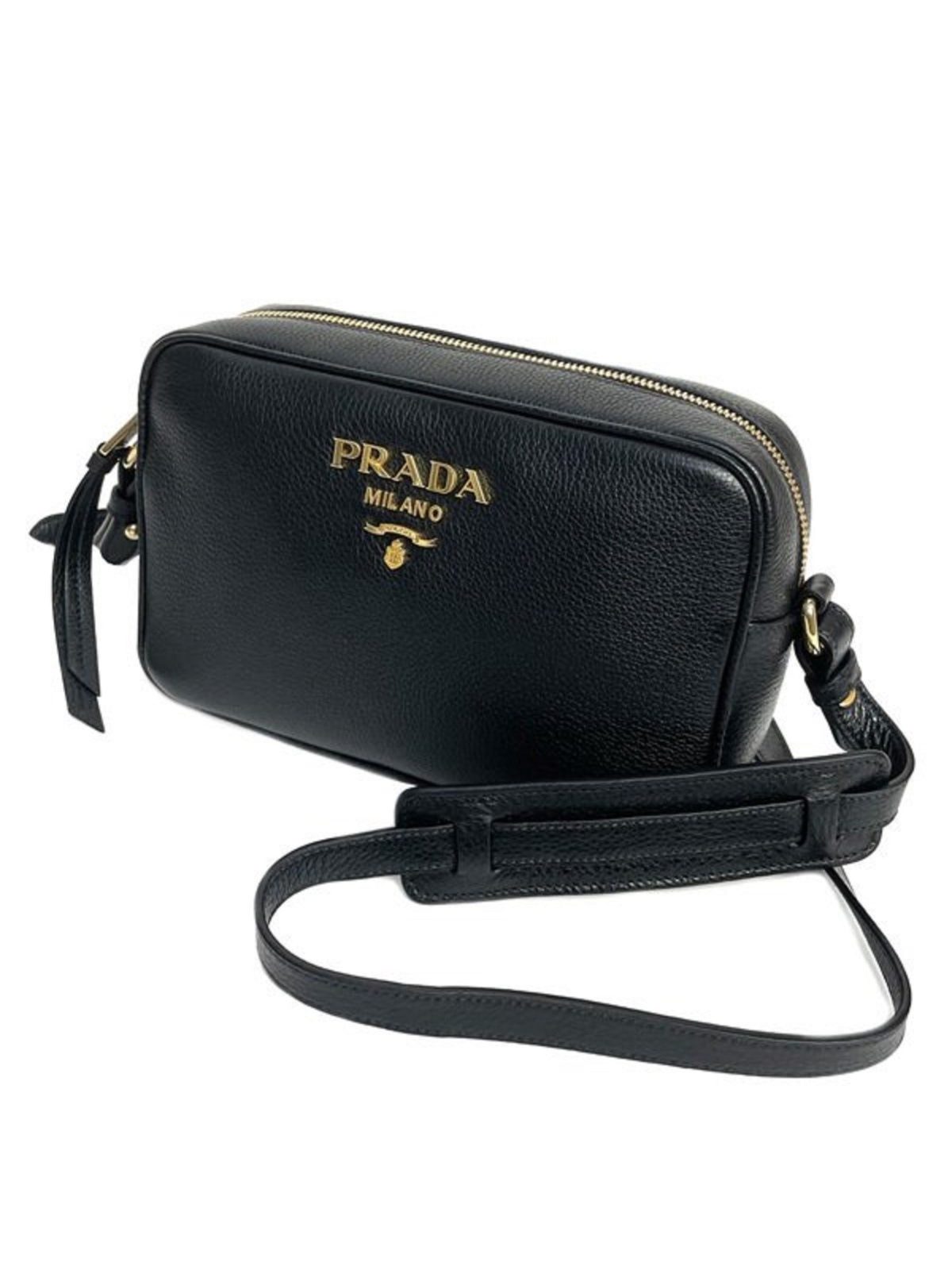 Prada Vitello Phenix Black Leather Gold Logo Camera Crossbody Bag