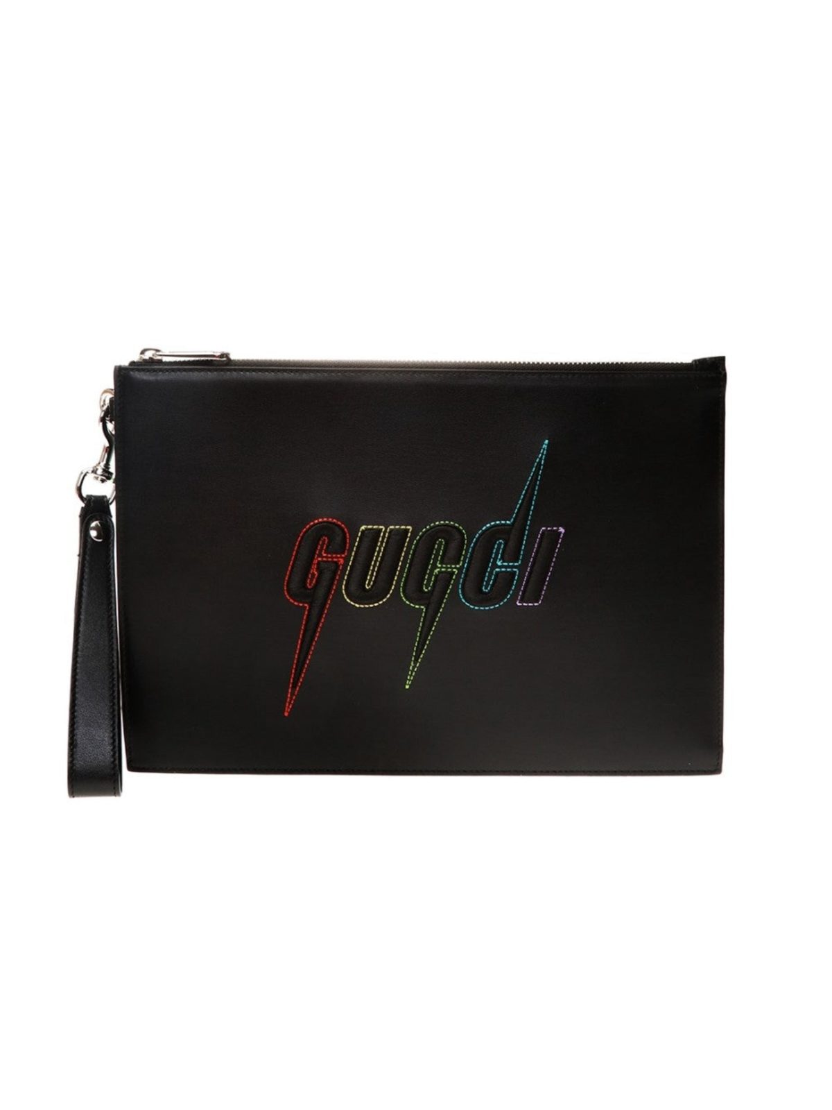 Gucci Blade Embroidered Black Leather Pouch Wristlet Clutch Bag