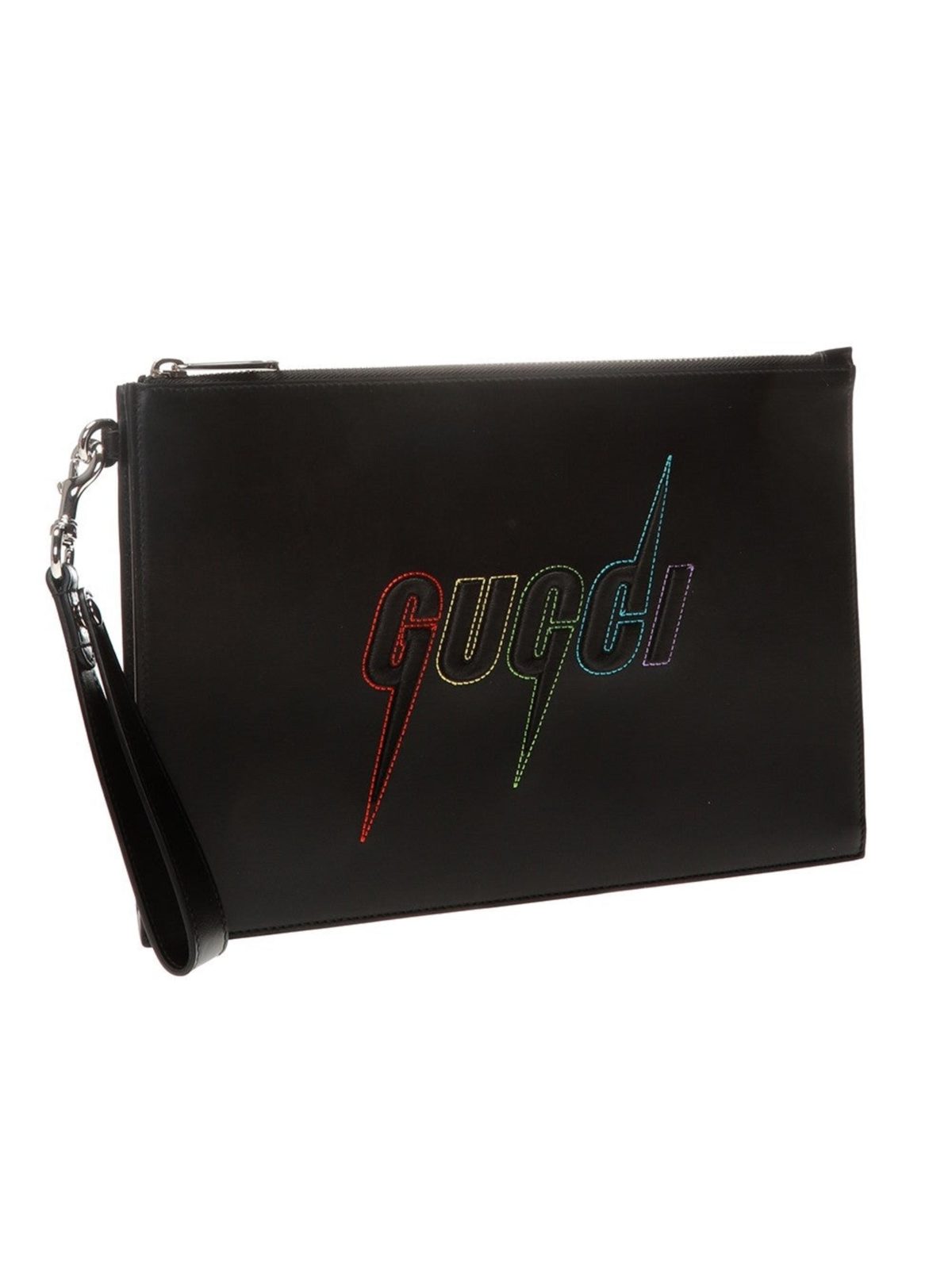 Gucci Blade Embroidered Black Leather Pouch Wristlet Clutch Bag
