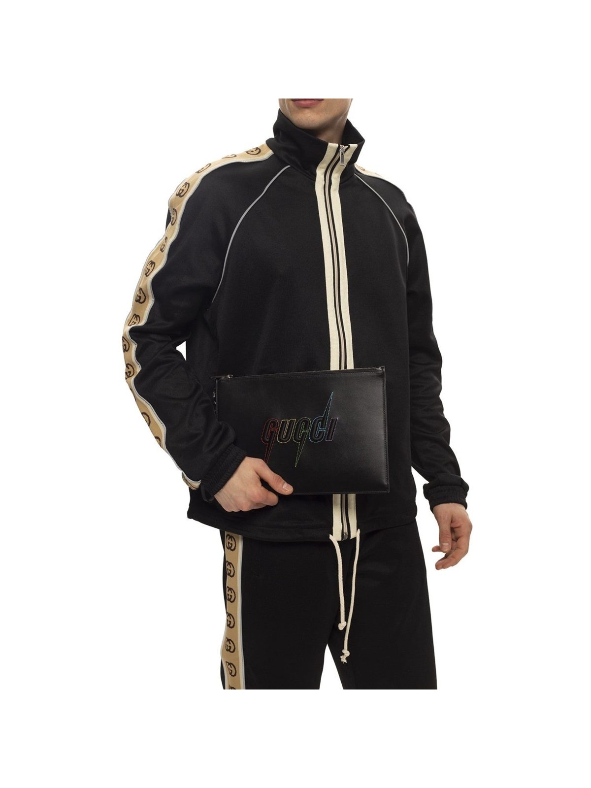 Gucci Blade Embroidered Black Leather Pouch Wristlet Clutch Bag