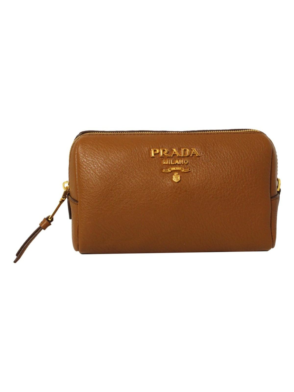 Prada Brown Leather Cosmetic Pouch Clutch Bag Vitello Daino