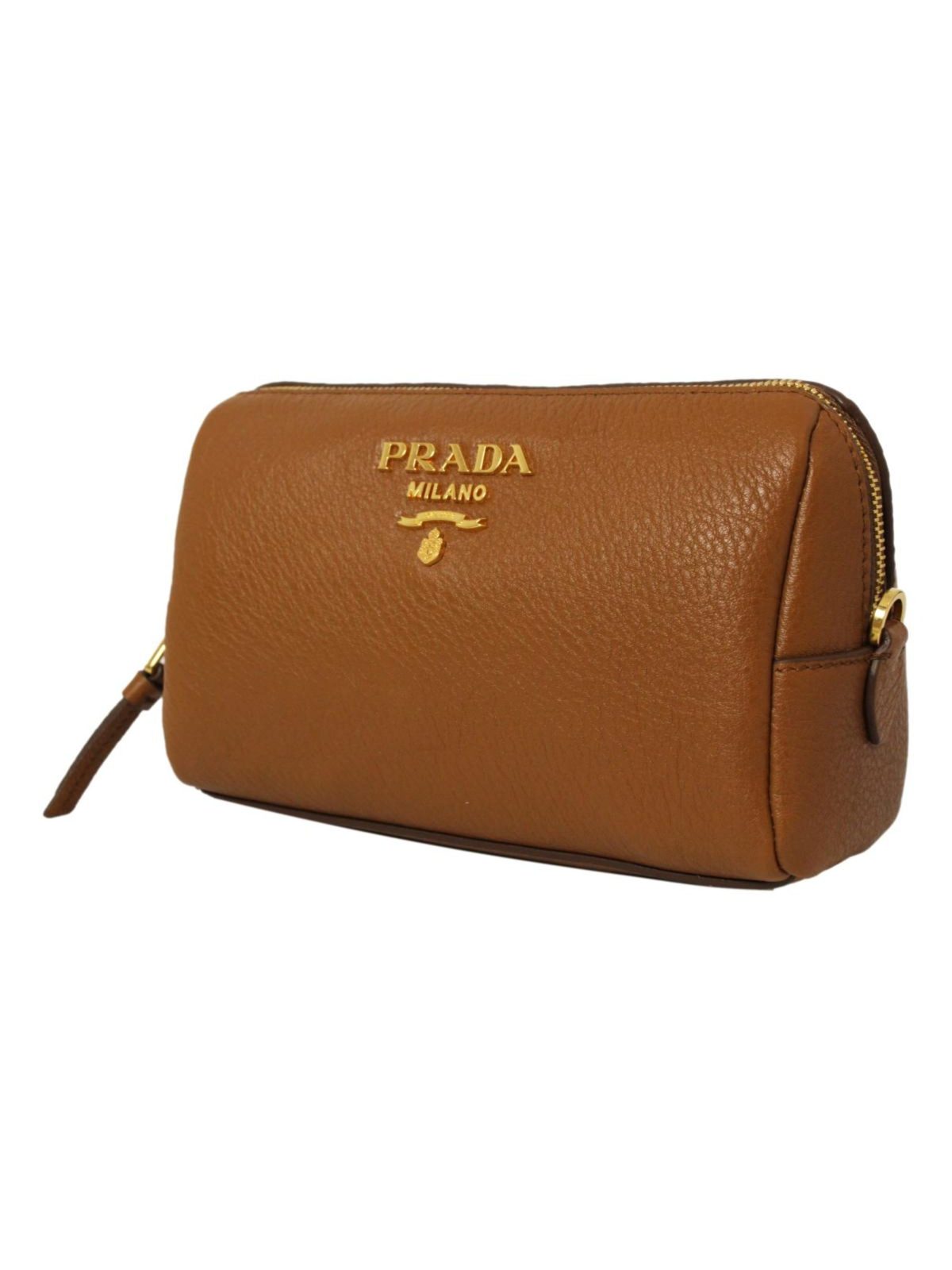 Prada Brown Leather Cosmetic Pouch Clutch Bag Vitello Daino