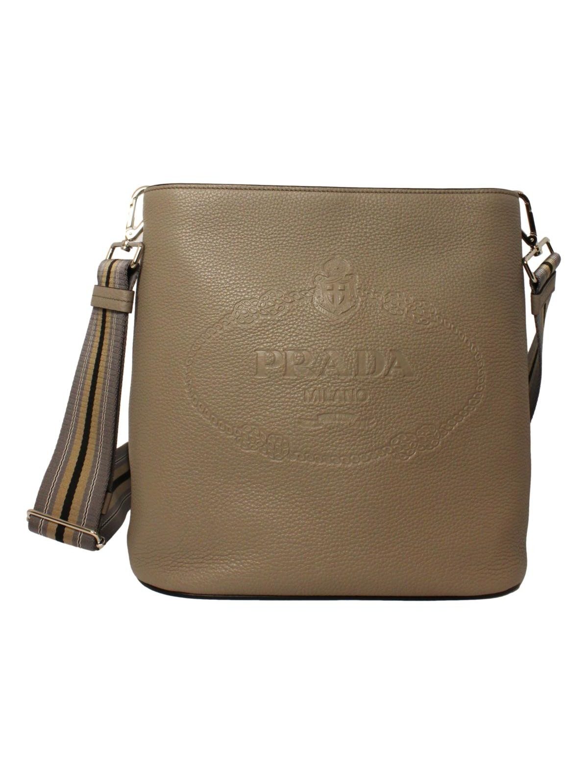 Prada Vitello Phenix Grey Leather Stripe Strap Bucket Bag Crossbody