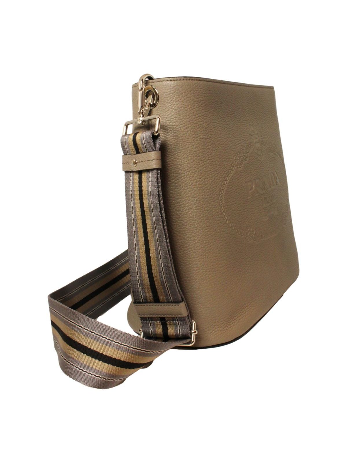 Prada Vitello Phenix Grey Leather Stripe Strap Bucket Bag Crossbody