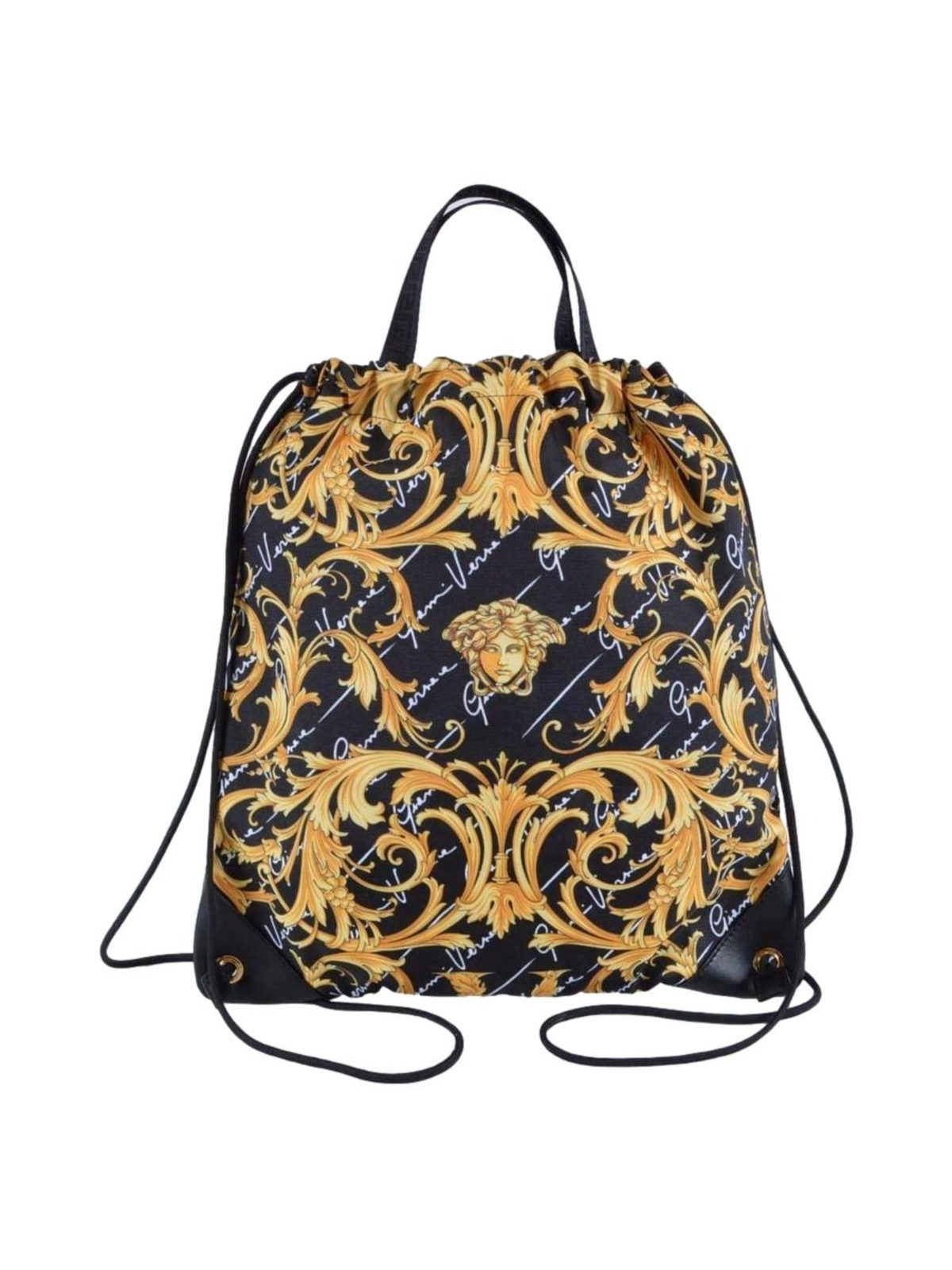 Versace Barocco Print Drawstring Backpack Black Nylon La Medusa Logo