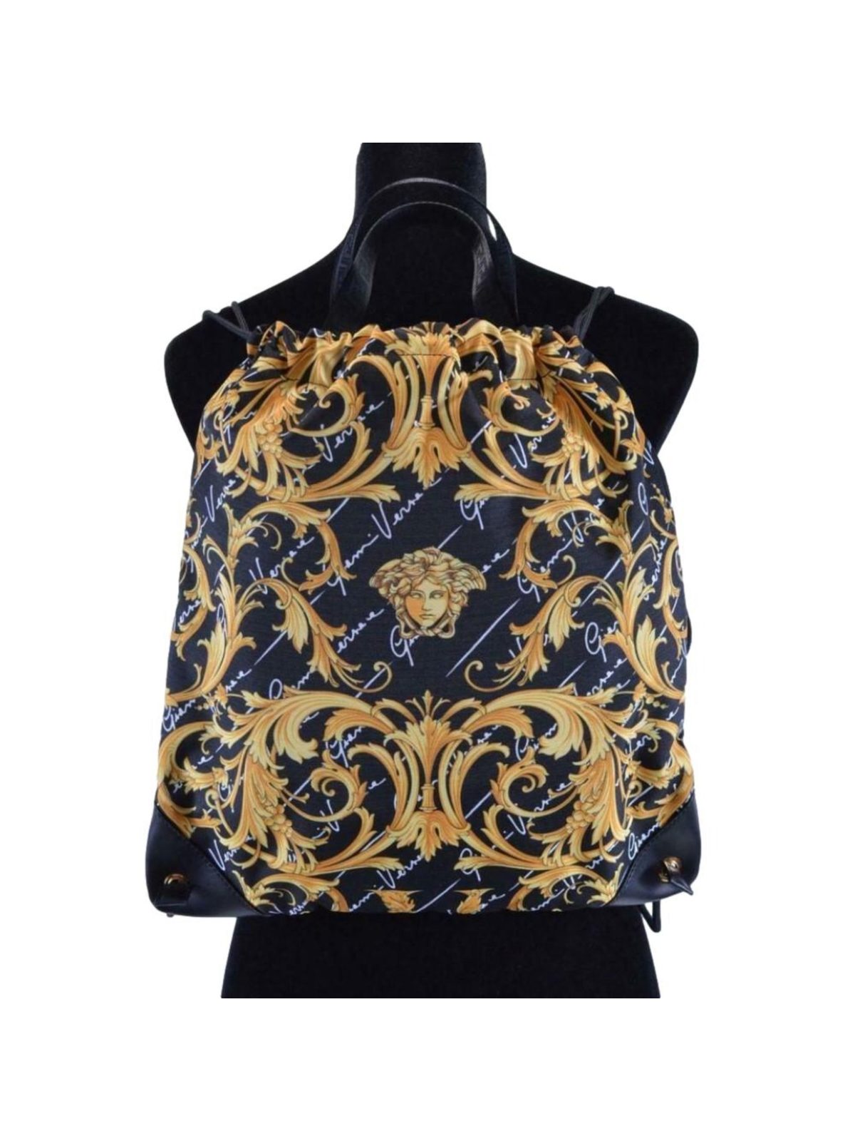 Versace Barocco Print Drawstring Backpack Black Nylon La Medusa Logo
