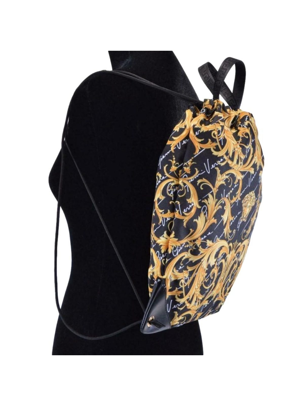 Versace Barocco Print Drawstring Backpack Black Nylon La Medusa Logo