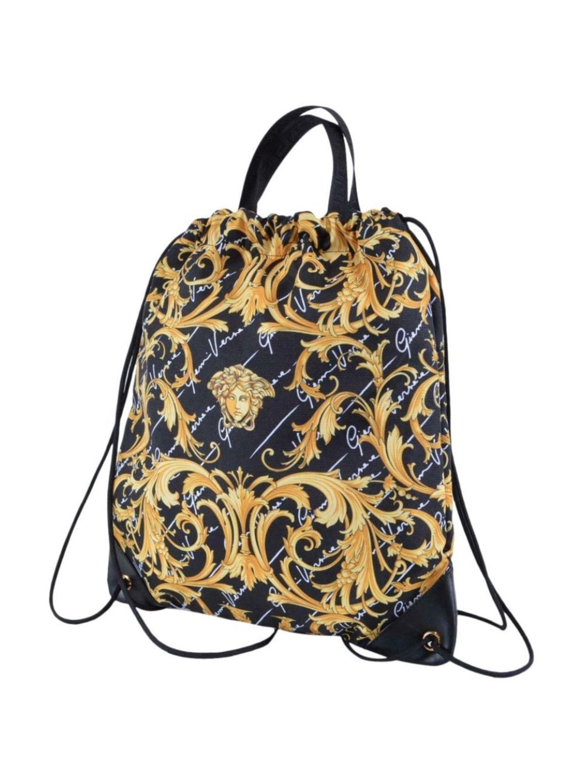 Versace Barocco Print Drawstring Backpack Black Nylon La Medusa Logo
