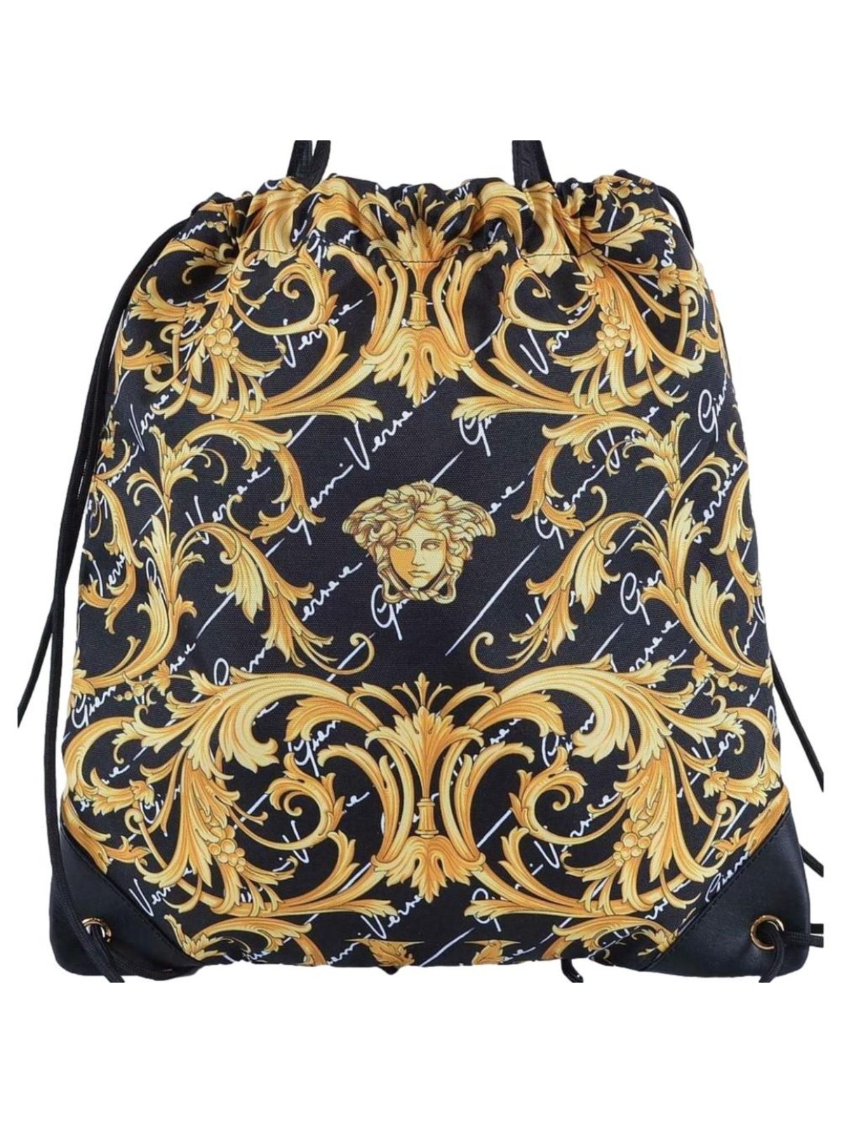 Versace Barocco Print Drawstring Backpack Black Nylon La Medusa Logo