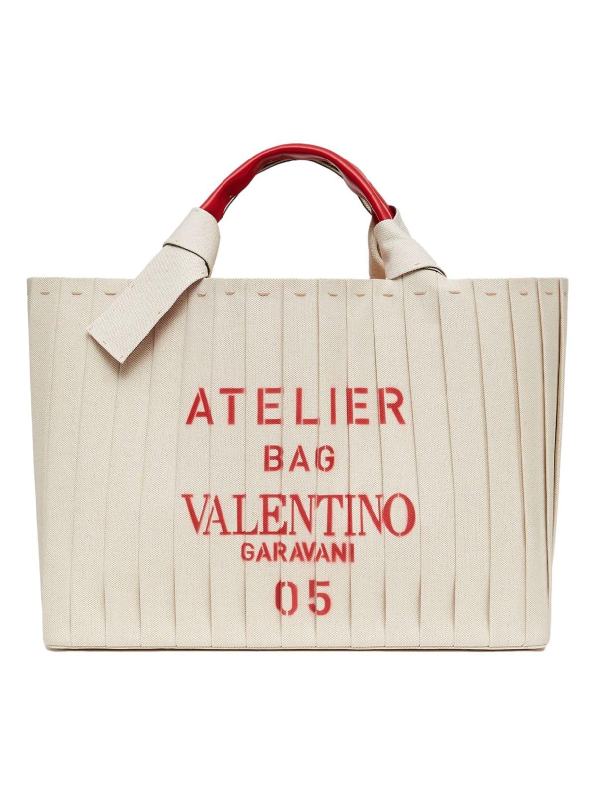 Valentino Garavani 05 Plissé Edition Sac Atelier Large Canvas Tote Bag Beige Red Trim