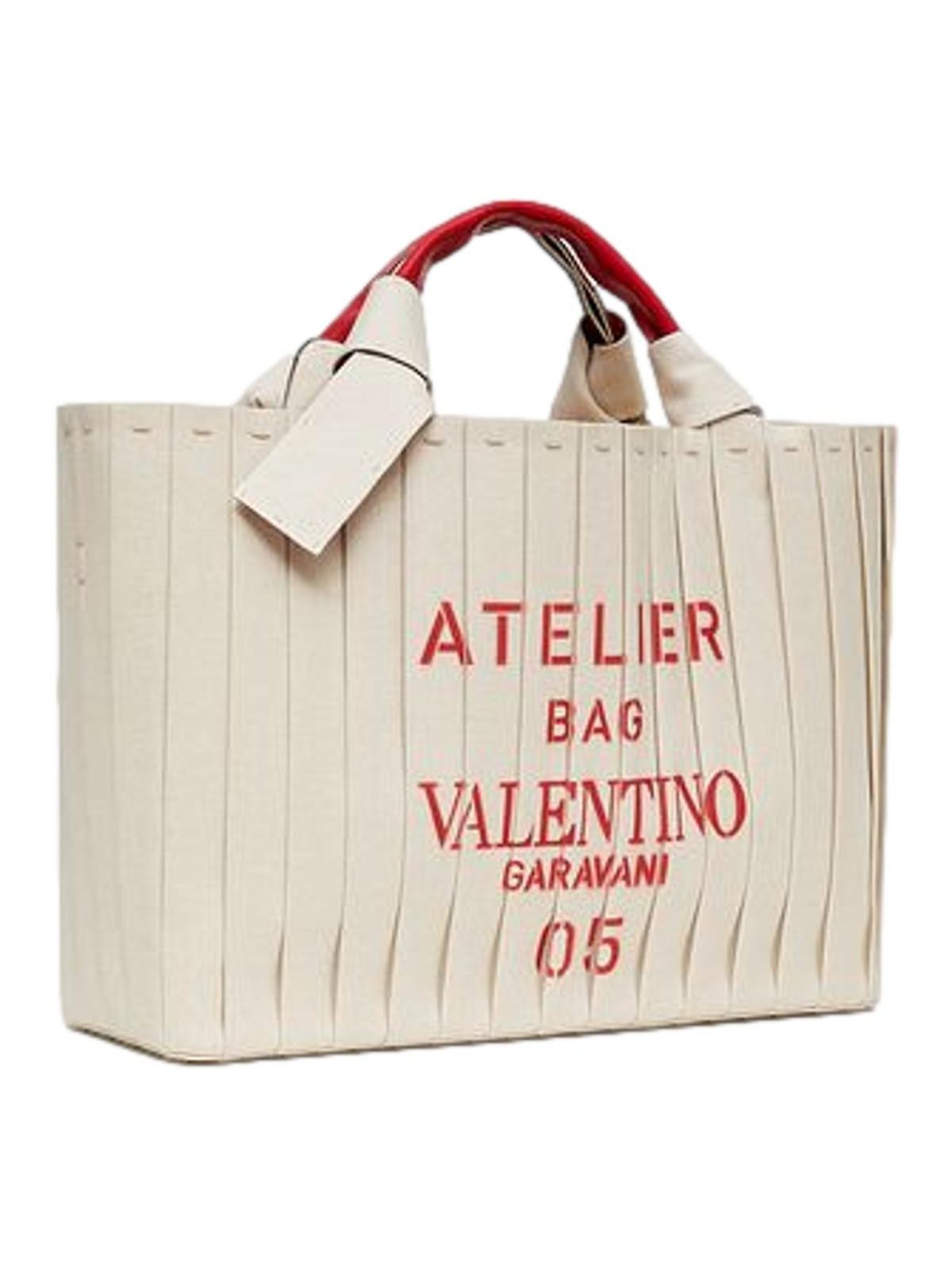 Valentino Garavani 05 Plissé Edition Sac Atelier Large Canvas Tote Bag Beige Red Trim