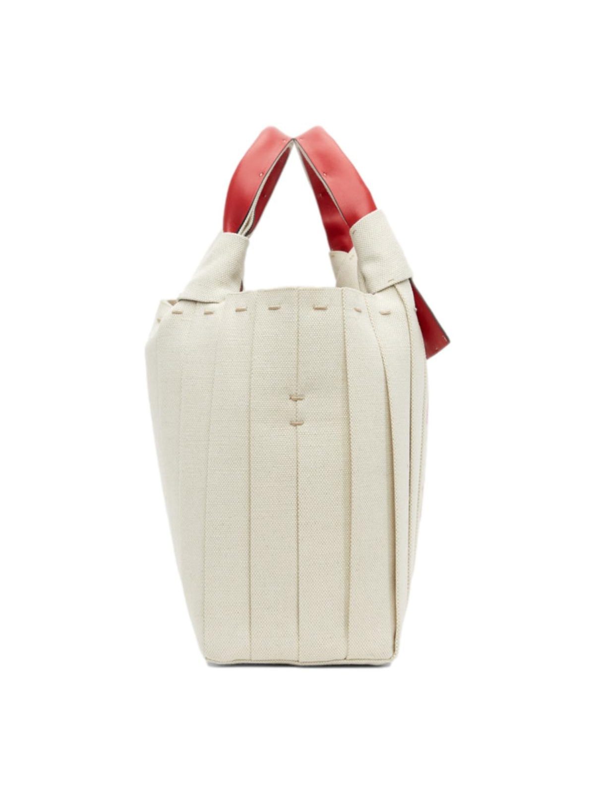 Valentino Garavani 05 Plissé Edition Sac Atelier Large Canvas Tote Bag Beige Red Trim