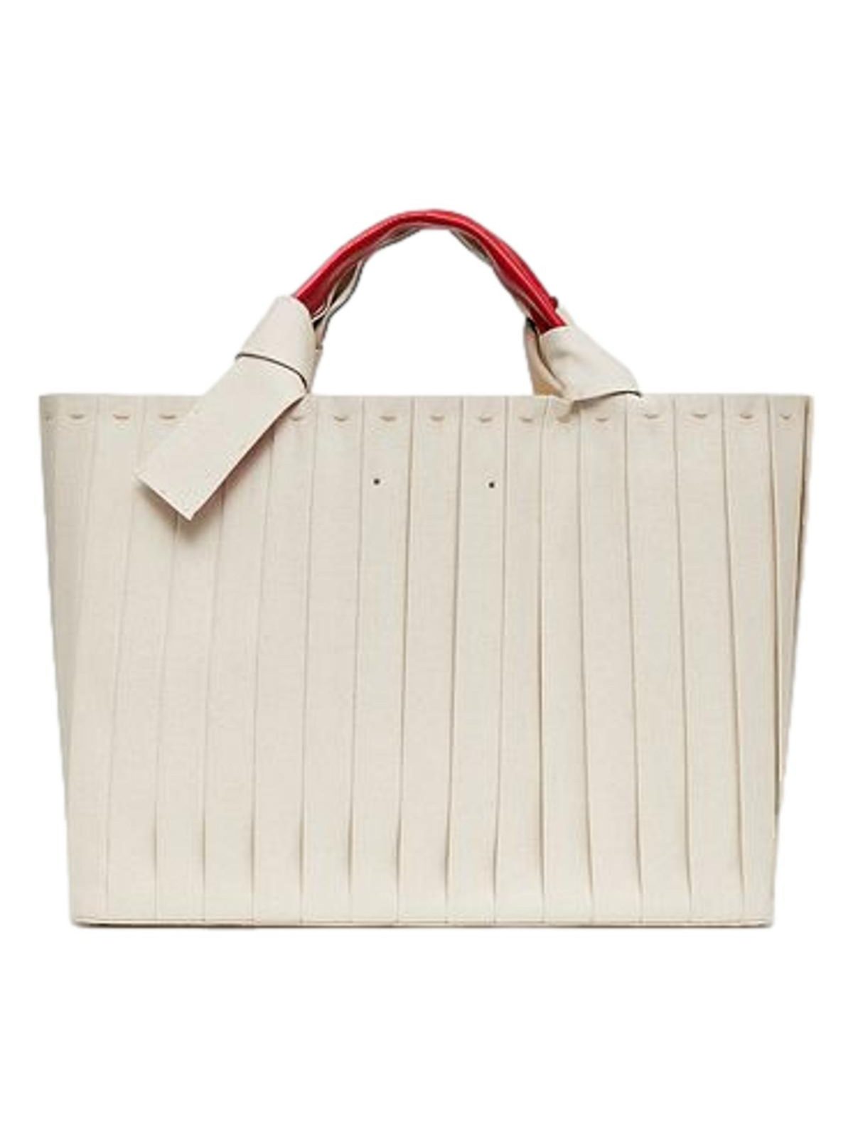 Valentino Garavani 05 Plissé Edition Sac Atelier Large Canvas Tote Bag Beige Red Trim