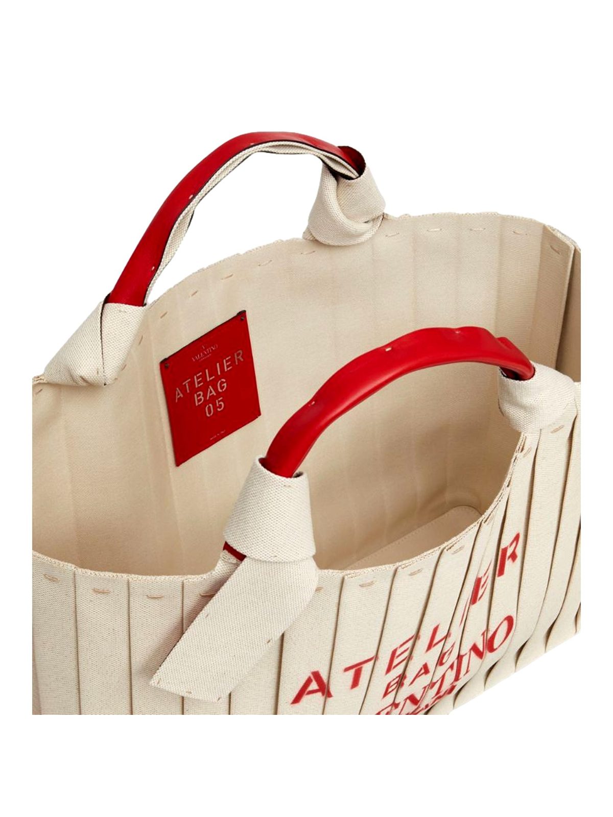 Valentino Garavani 05 Plissé Edition Sac Atelier Large Canvas Tote Bag Beige Red Trim