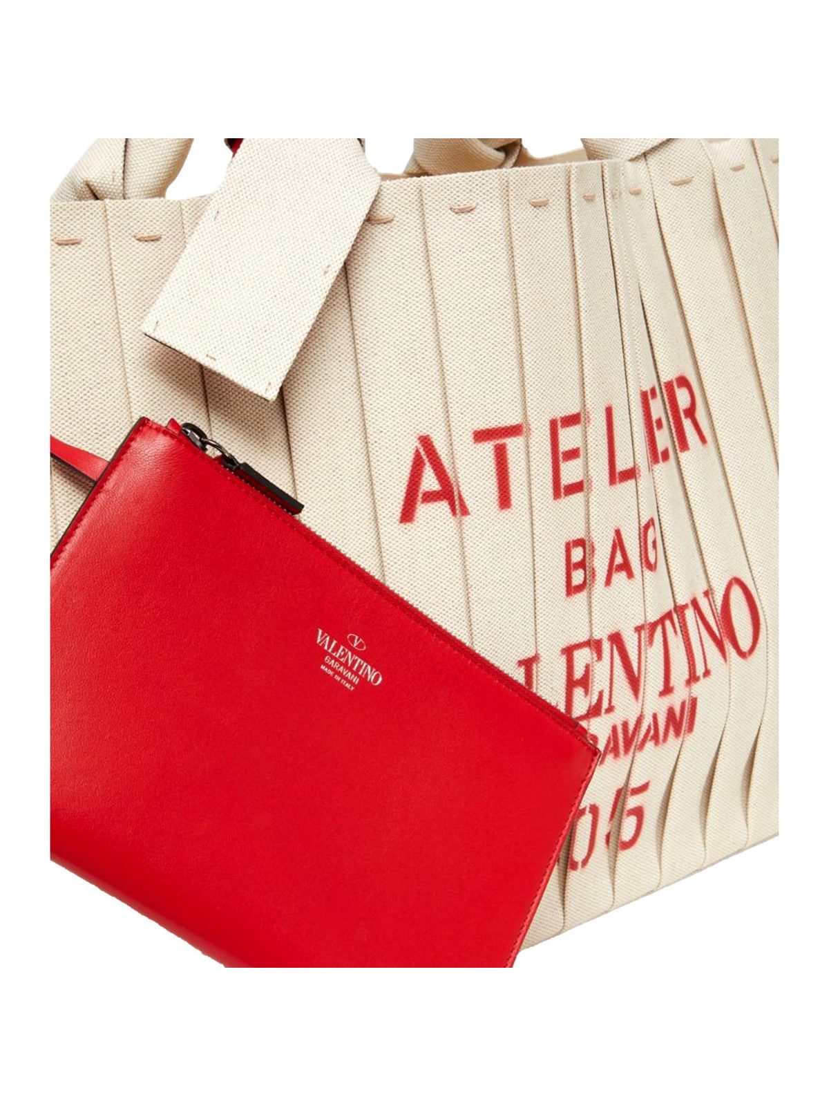 Valentino Garavani 05 Plissé Edition Sac Atelier Large Canvas Tote Bag Beige Red Trim
