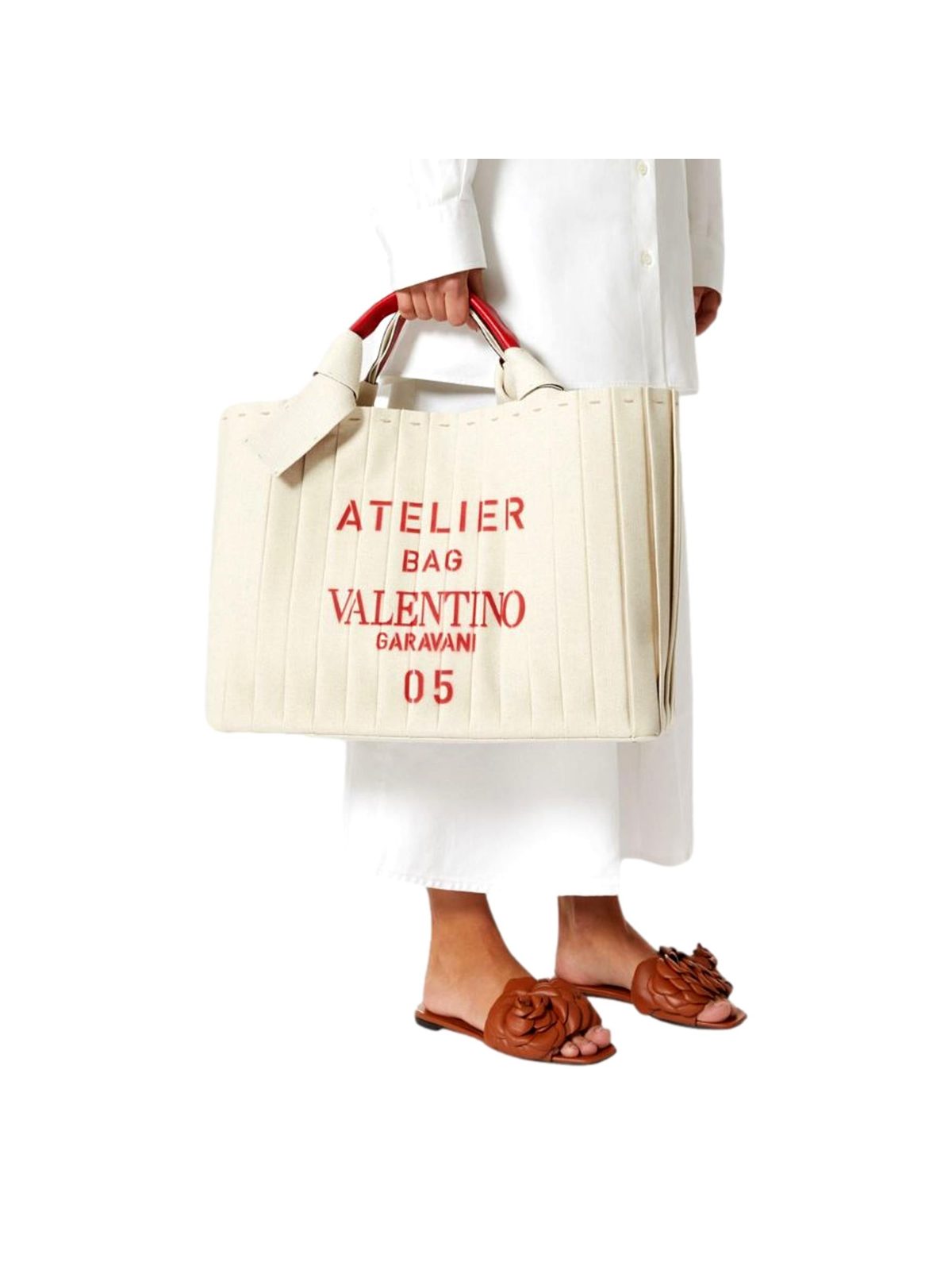 Valentino Garavani 05 Plissé Edition Sac Atelier Large Canvas Tote Bag Beige Red Trim