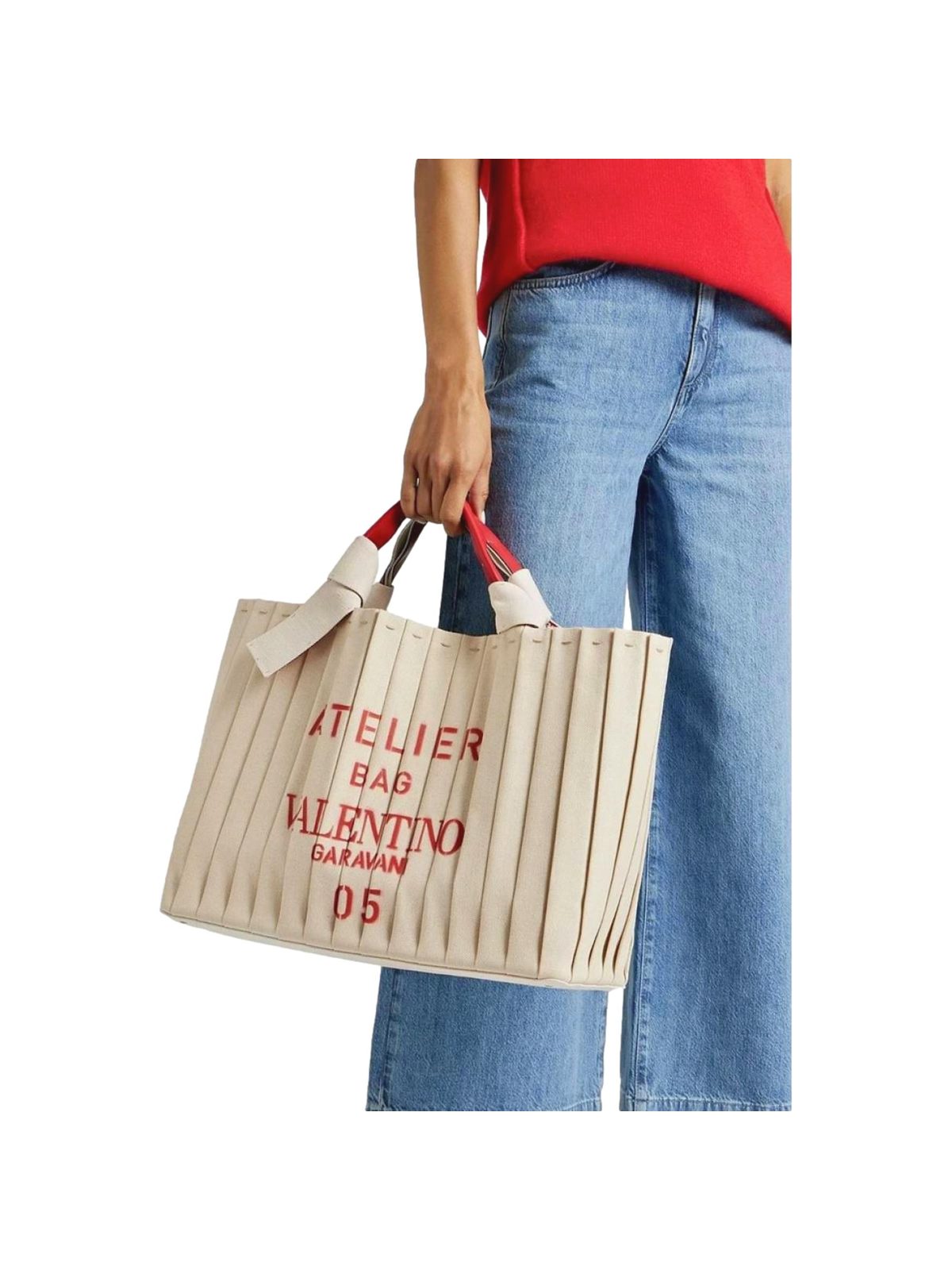 Valentino Garavani 05 Plissé Edition Sac Atelier Large Canvas Tote Bag Beige Red Trim