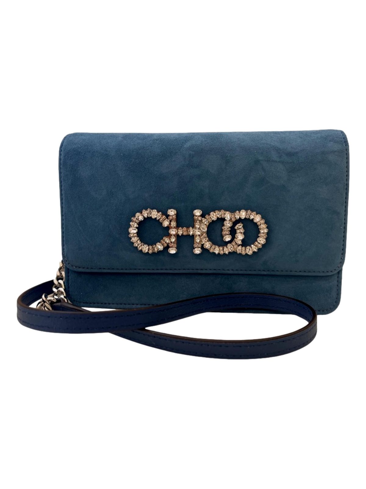 Jimmy Choo Kalina Parrot Blue Suede Crystal CHOO Chain Wallet