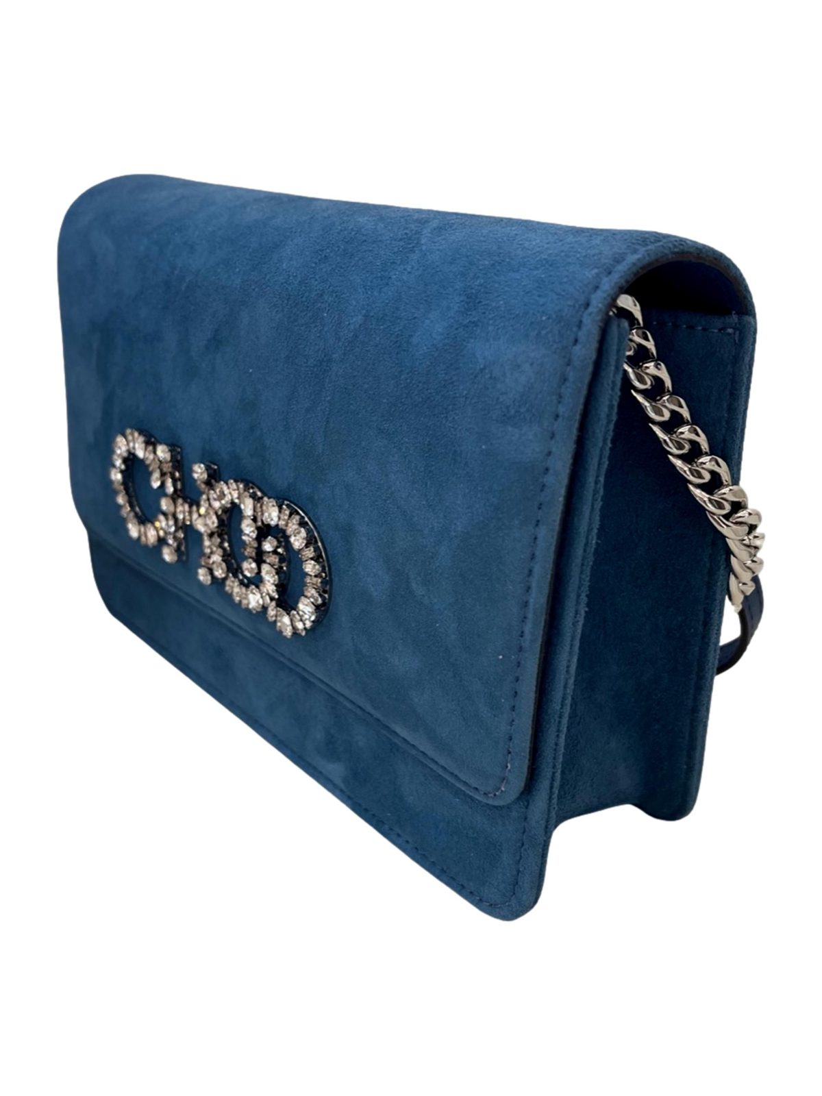 Jimmy Choo Kalina Parrot Blue Suede Crystal CHOO Chain Wallet