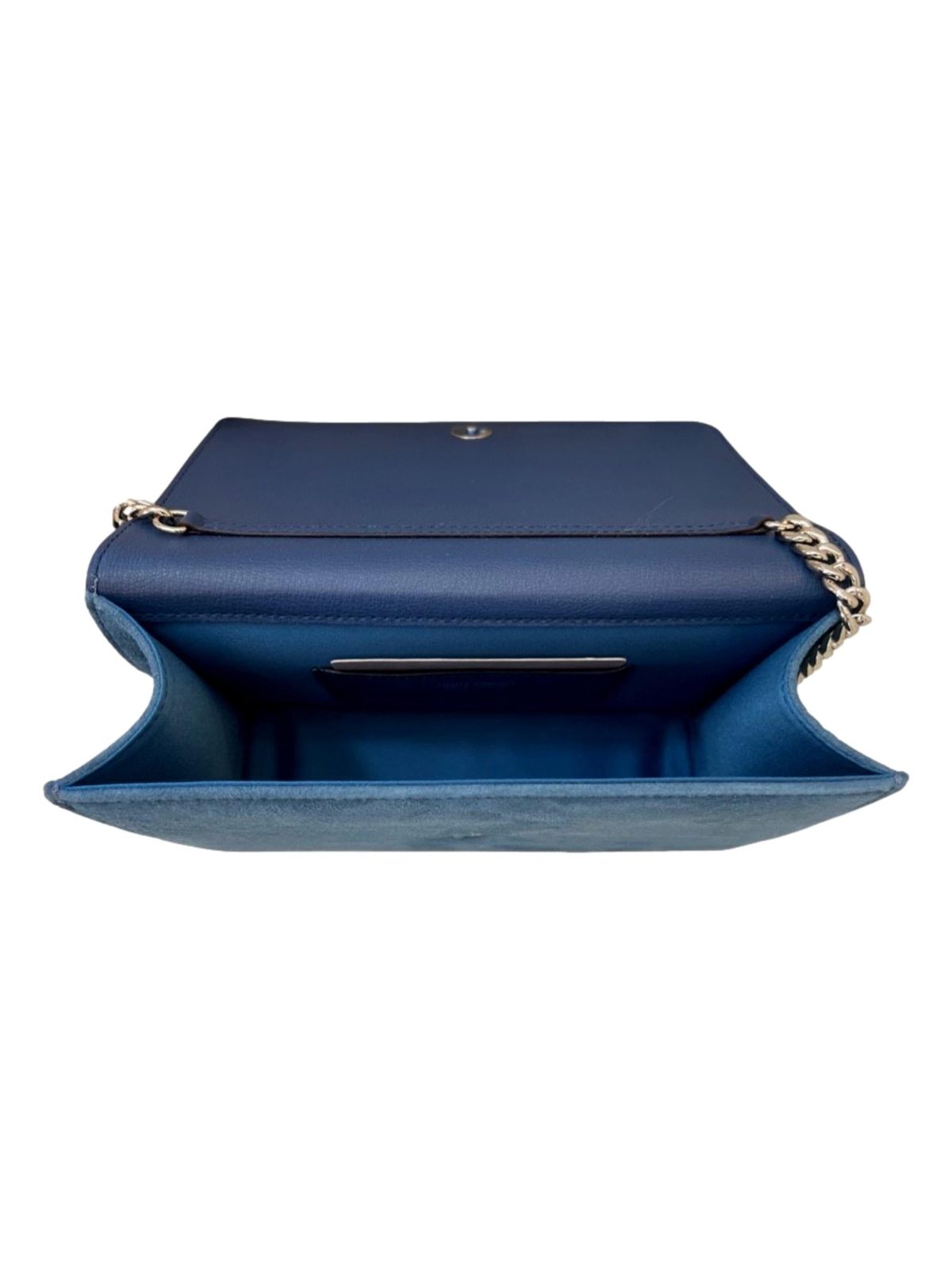Jimmy Choo Kalina Parrot Blue Suede Crystal CHOO Chain Wallet