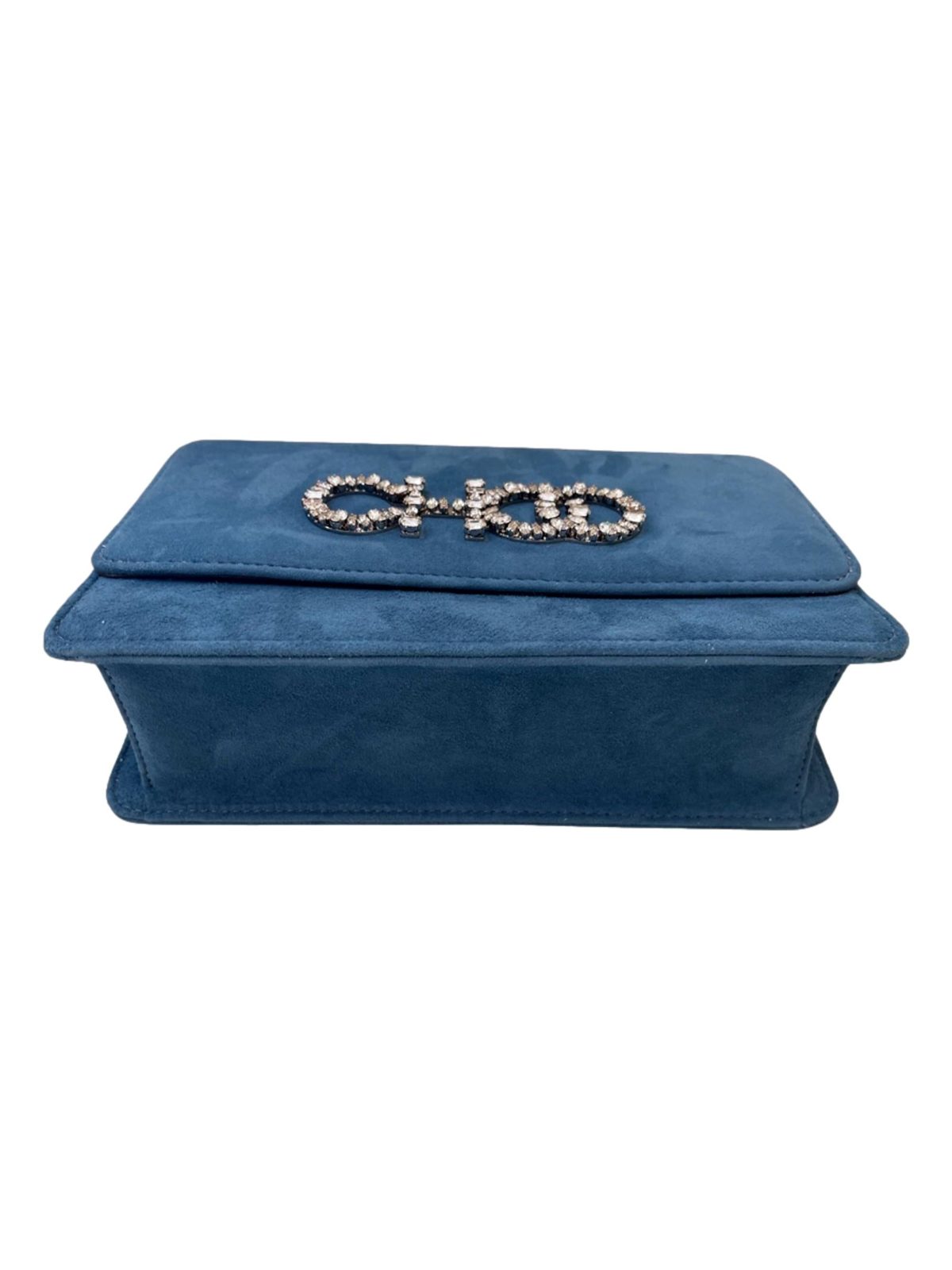 Jimmy Choo Kalina Parrot Blue Suede Crystal CHOO Chain Wallet