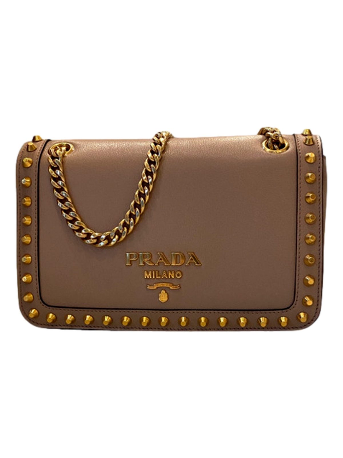 Prada Pattina Glace Calf Leather Cammeo Beige Gold Studded Bag