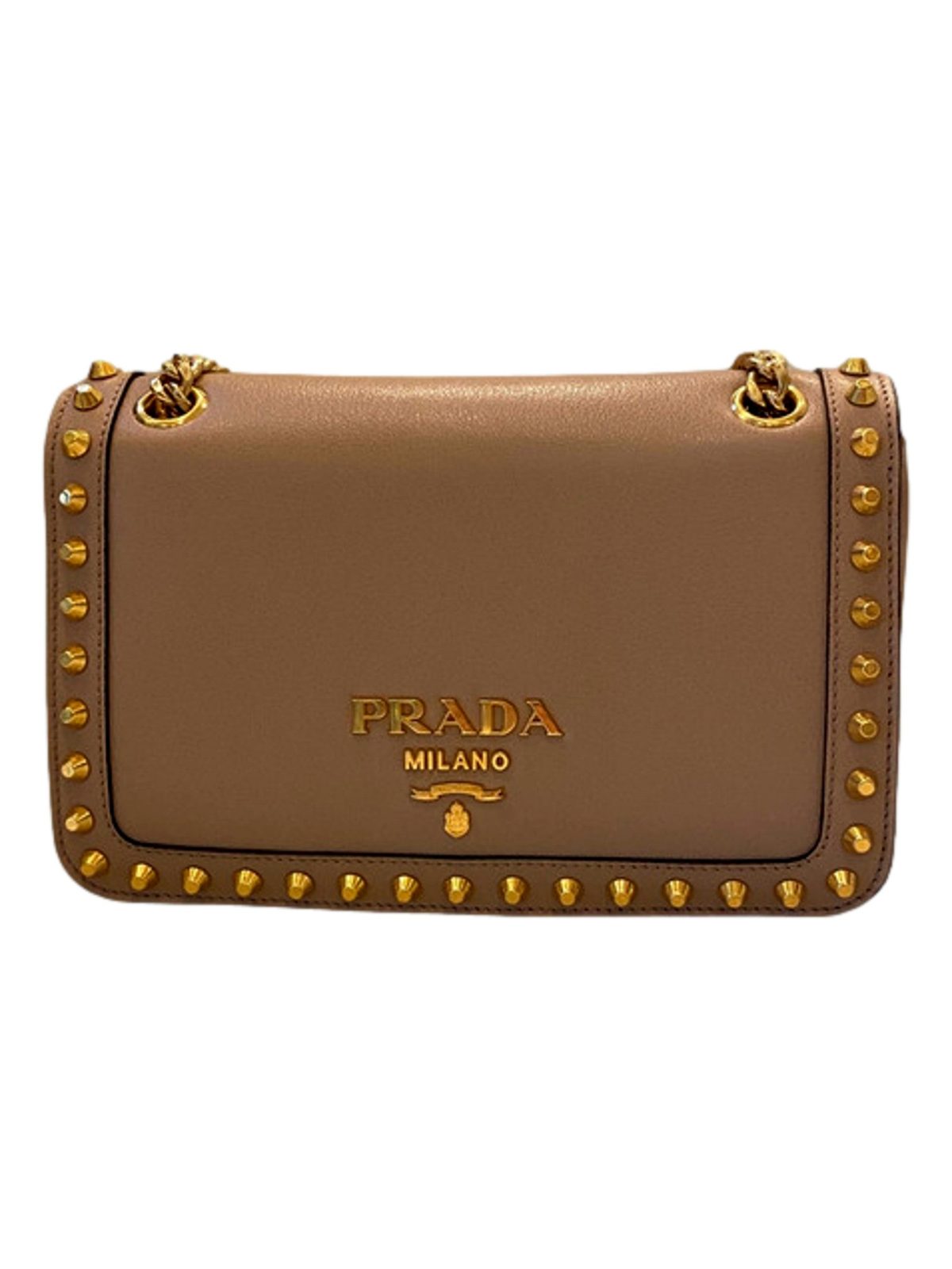 Prada Pattina Glace Calf Leather Cammeo Beige Gold Studded Bag