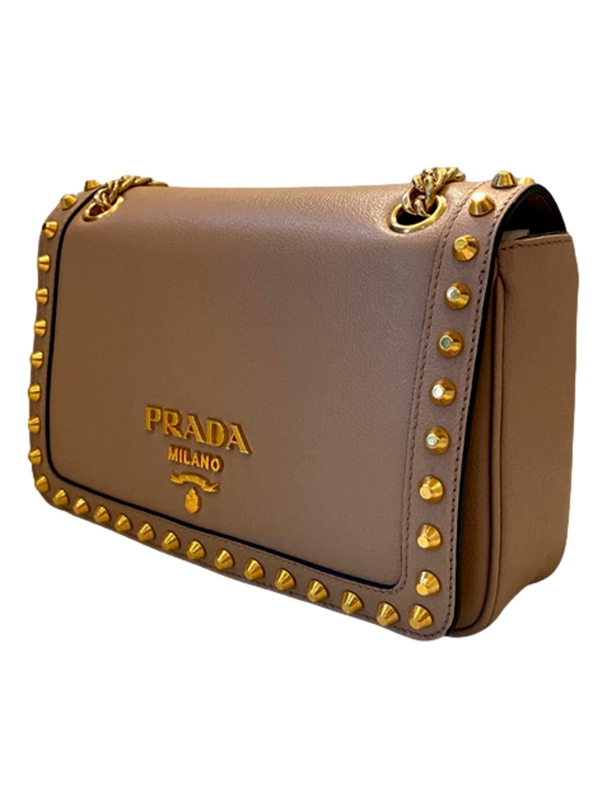 Prada Pattina Glace Calf Leather Cammeo Beige Gold Studded Bag