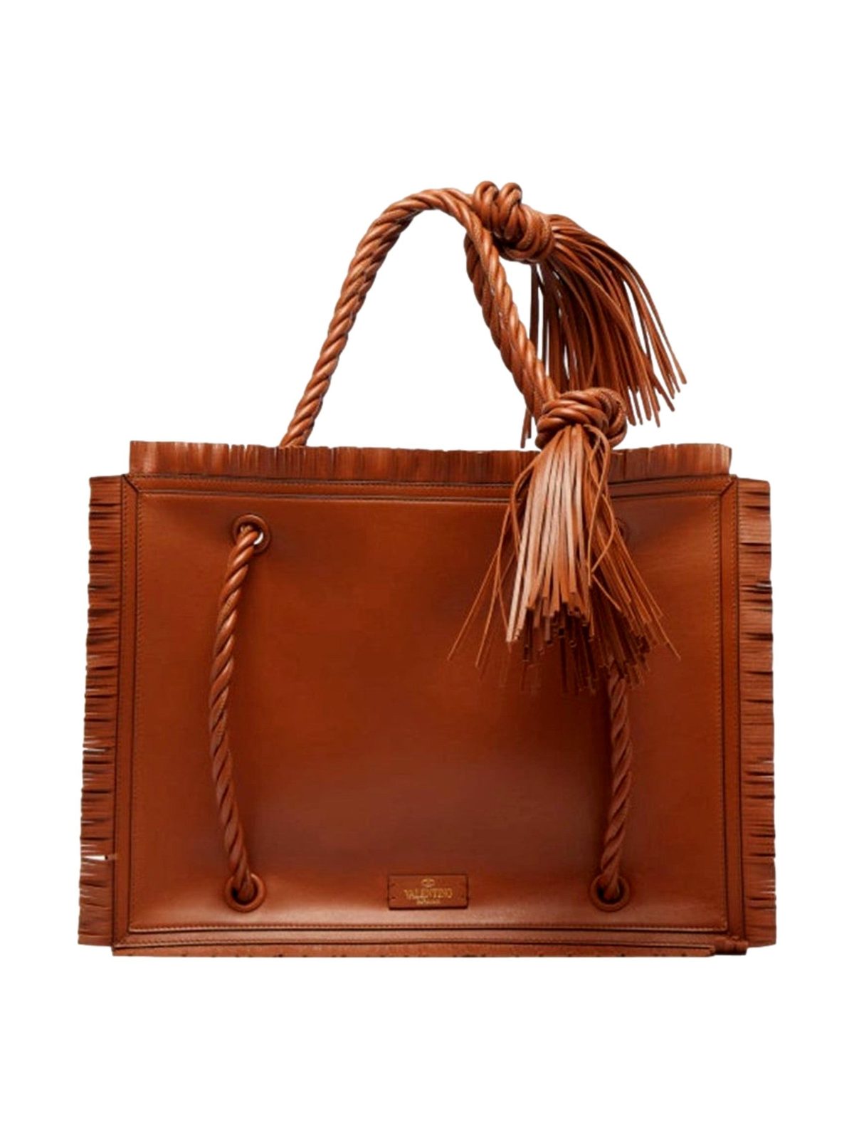 Valentino Garavani The Rope Large Fringe Brown Leather Tote Bag