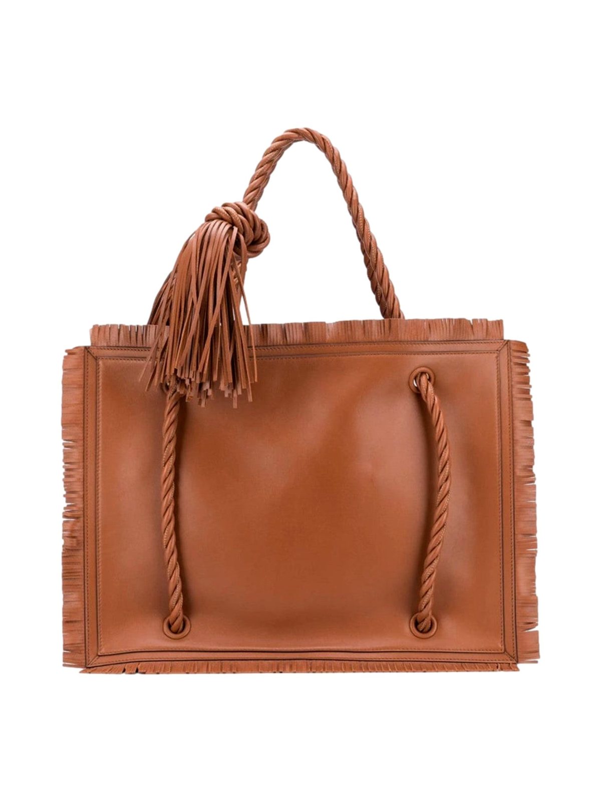 Valentino Garavani The Rope Large Fringe Brown Leather Tote Bag