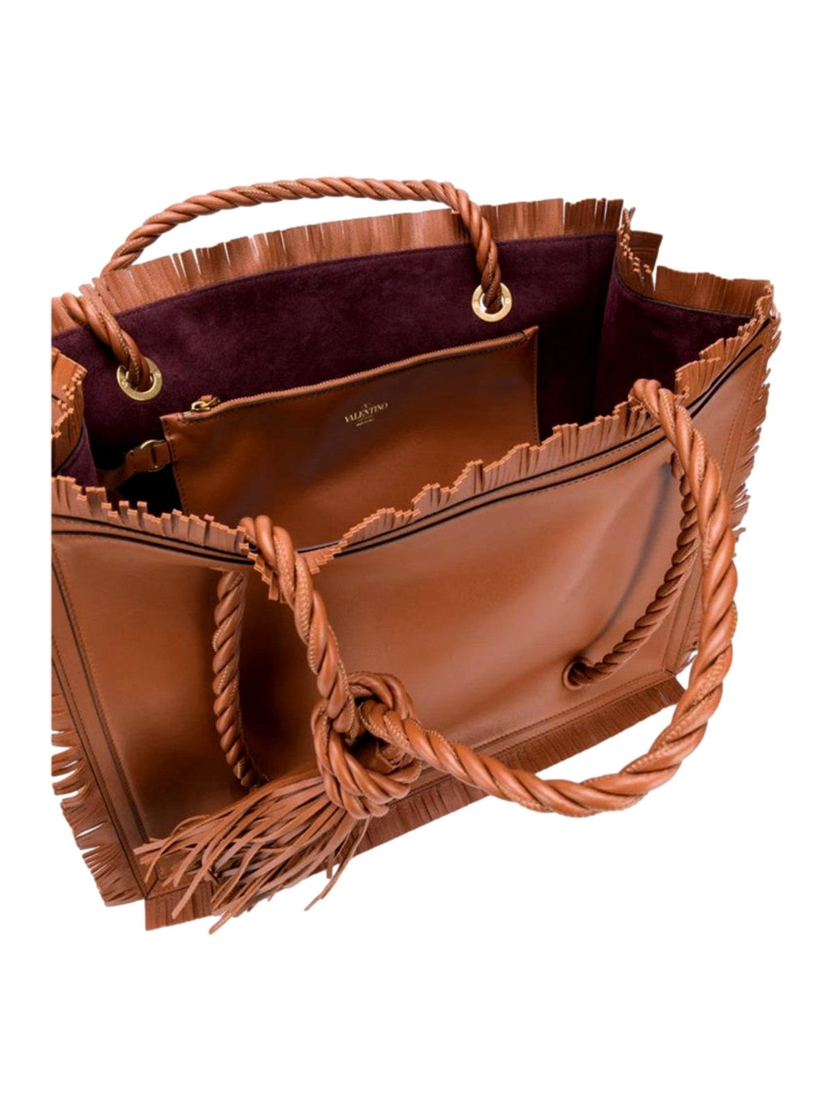 Valentino Garavani The Rope Large Fringe Brown Leather Tote Bag