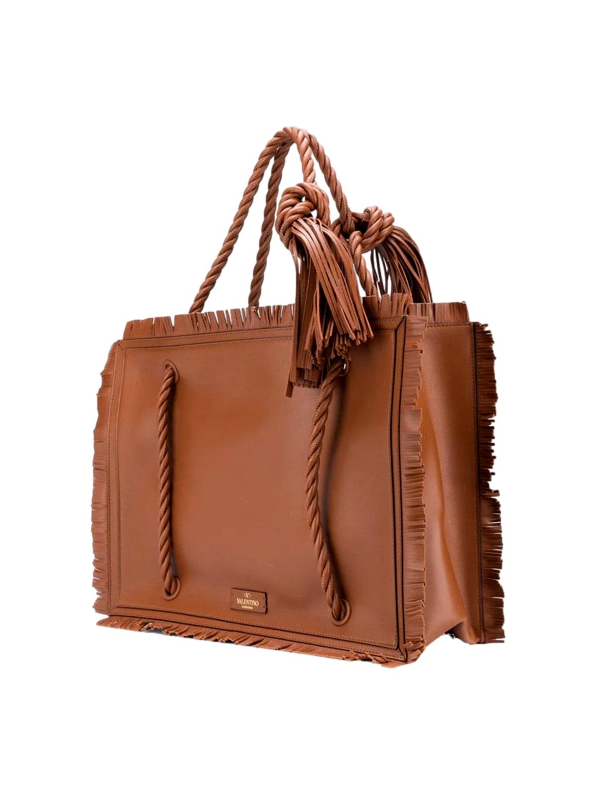 Valentino Garavani The Rope Large Fringe Brown Leather Tote Bag