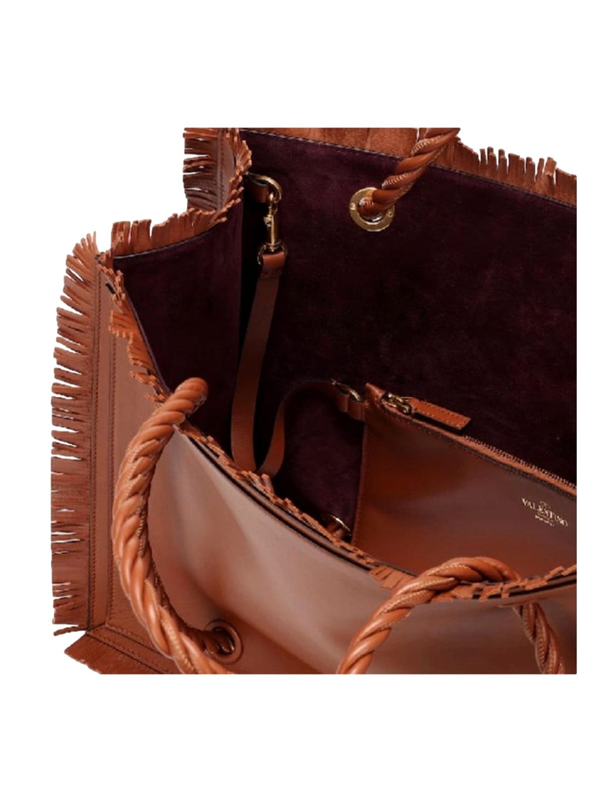 Valentino Garavani The Rope Large Fringe Brown Leather Tote Bag