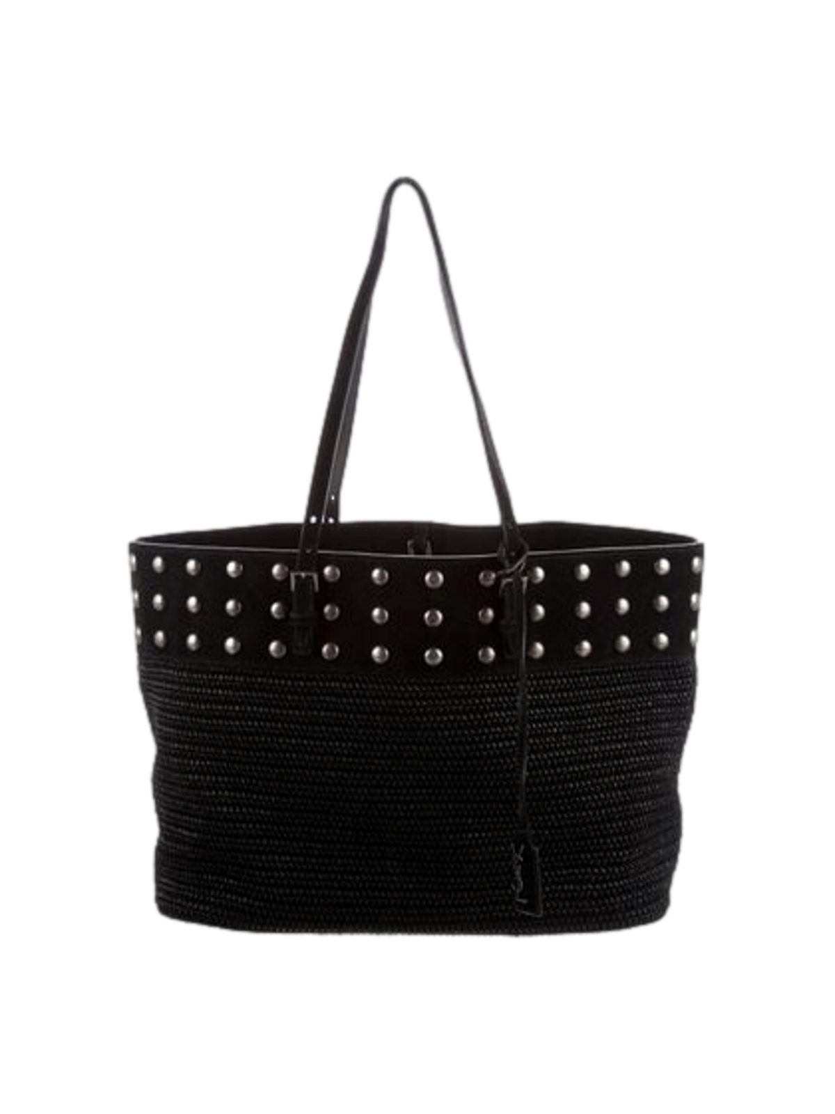 Saint Laurent Boucle Studded Raffia & Suede Shopping Tote Black