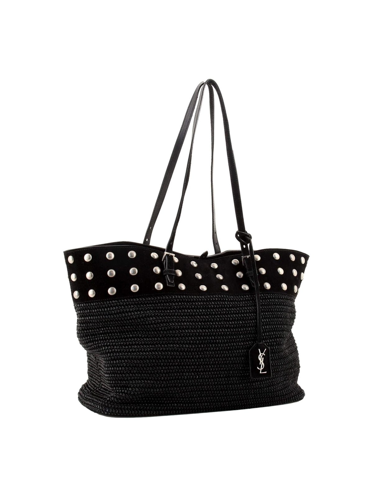Saint Laurent Boucle Studded Raffia & Suede Shopping Tote Black