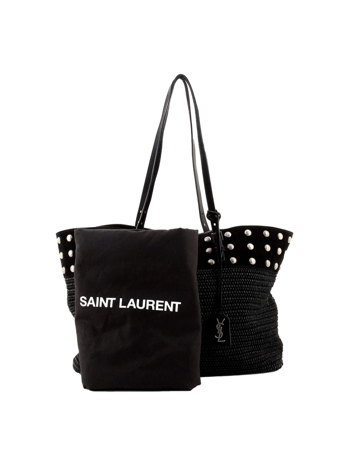 Saint Laurent Boucle Studded Raffia & Suede Shopping Tote Black
