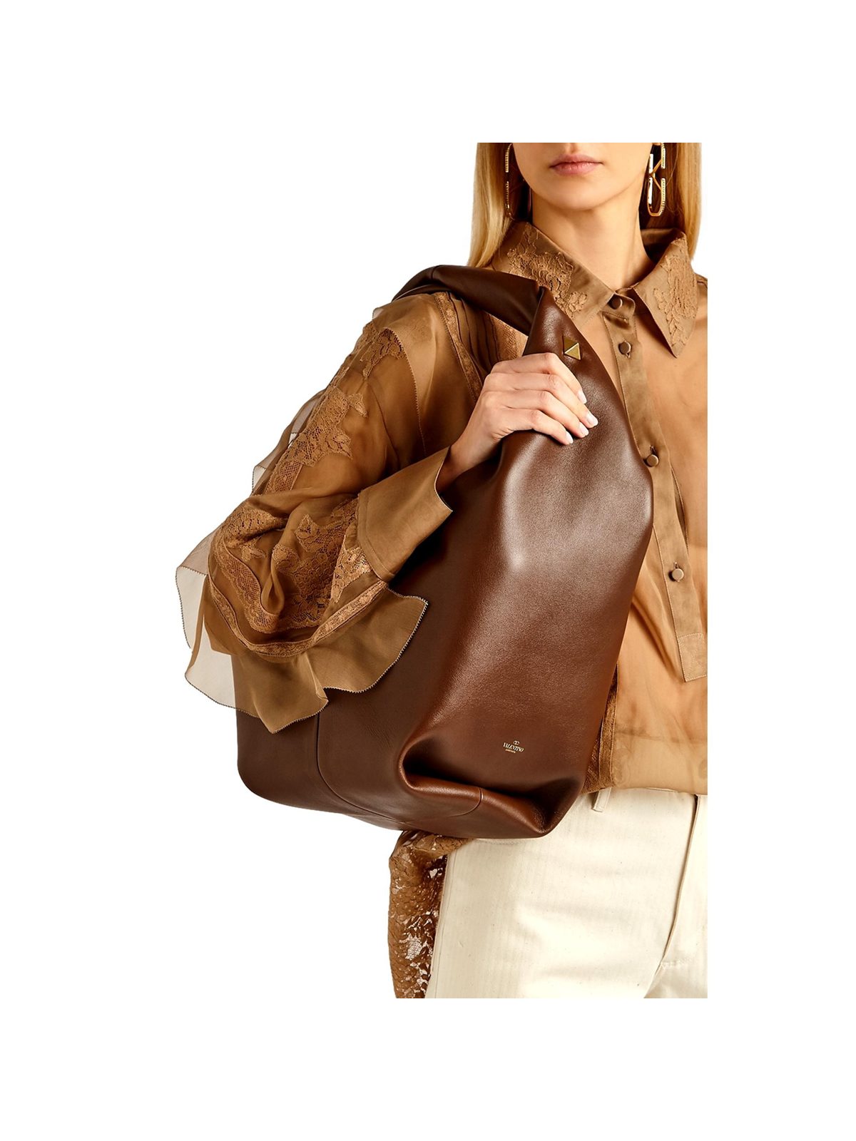 Valentino Garavani Roman Stud Brown Leather Large Hobo Shoulder Bag