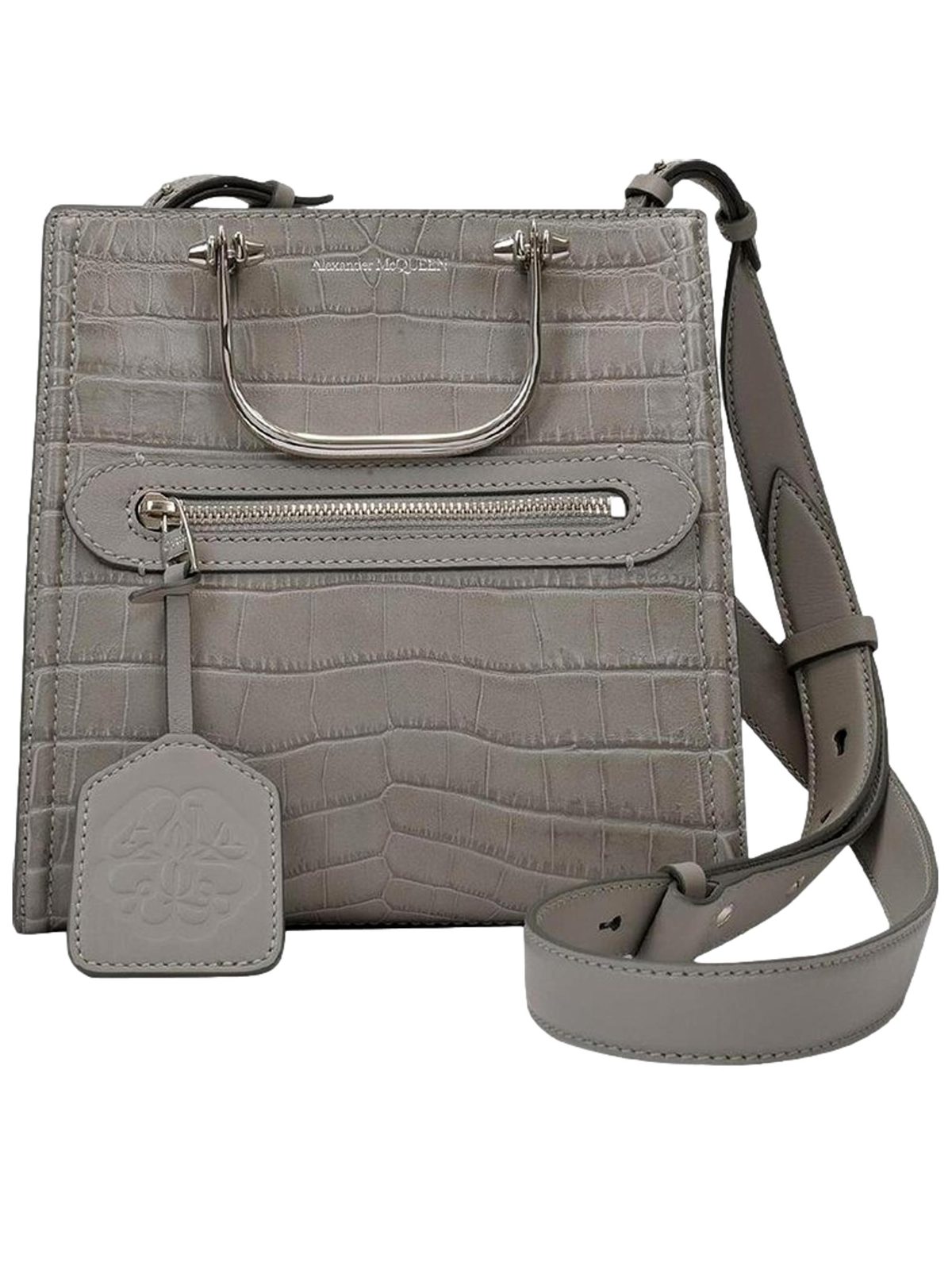 Alexander McQueen The Short Story Grey Croc Print Leather Satchel