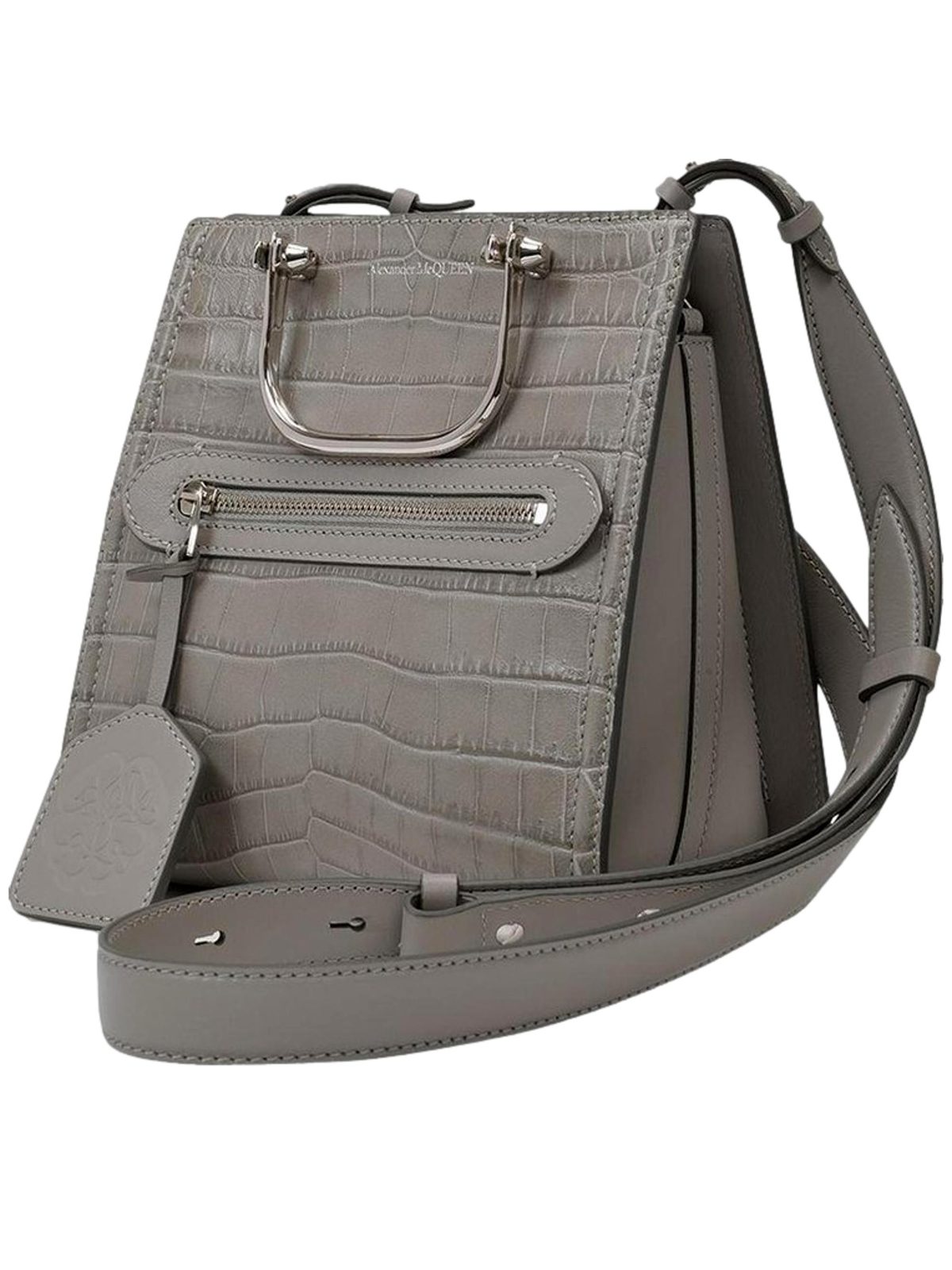 Alexander McQueen The Short Story Grey Croc Print Leather Satchel
