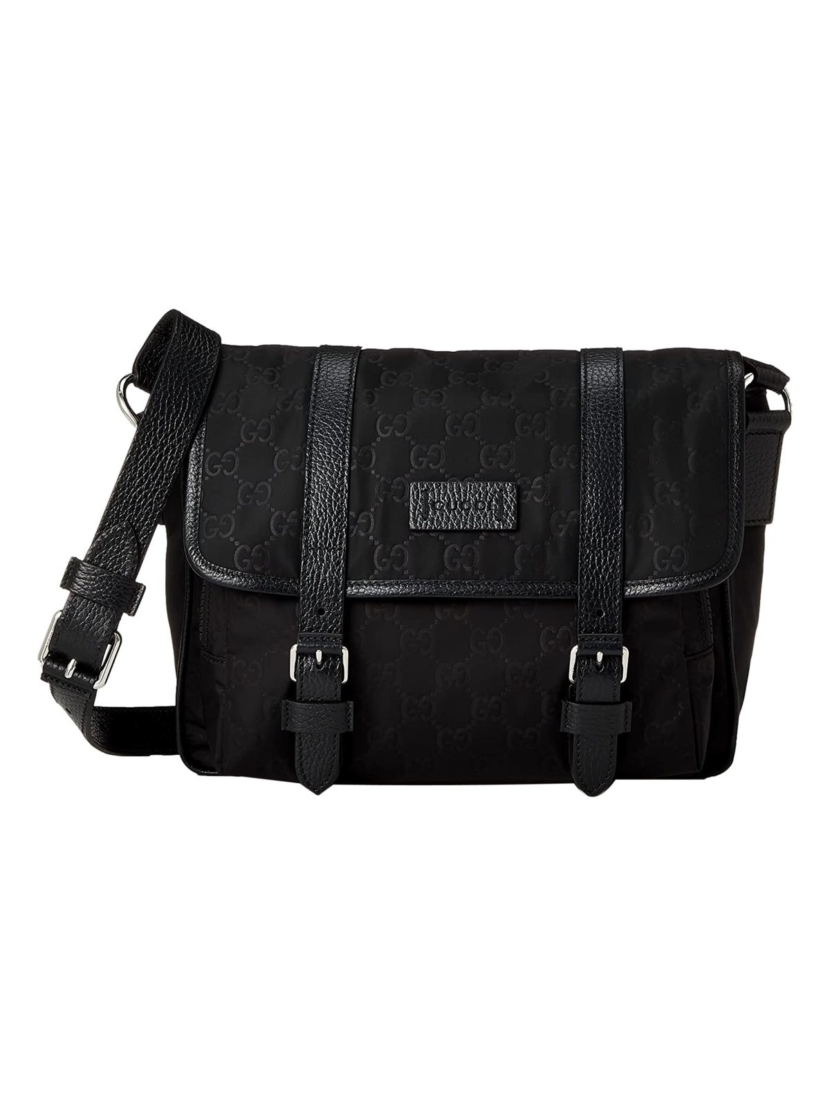 Gucci GG Monogram Nylon Leather Messenger Bag Black Double Buckle Flap