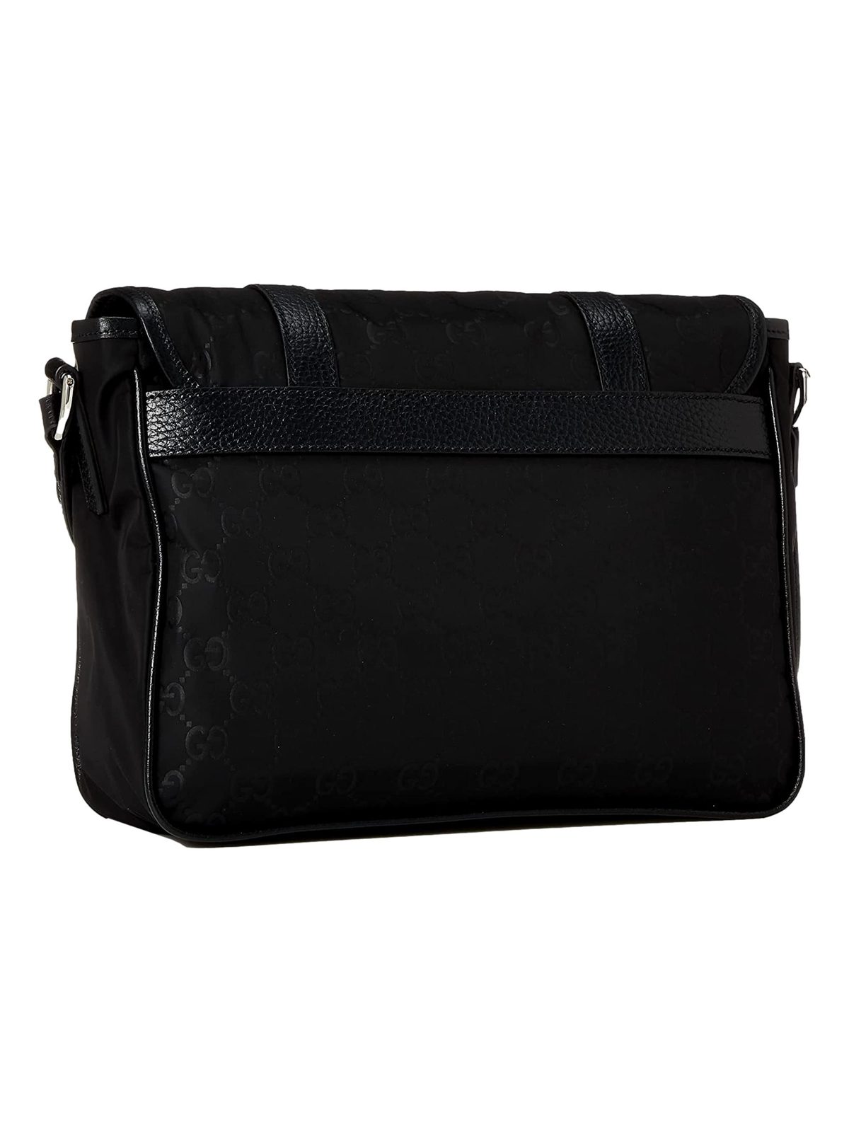 Gucci GG Monogram Nylon Leather Messenger Bag Black Double Buckle Flap