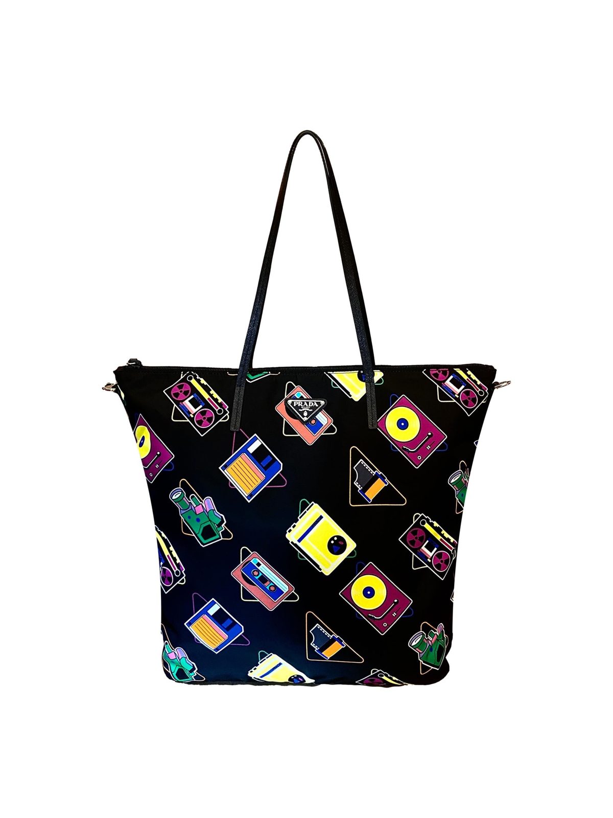 Prada Cassette Print Black Nylon Convertible Tote Shoulder Bag