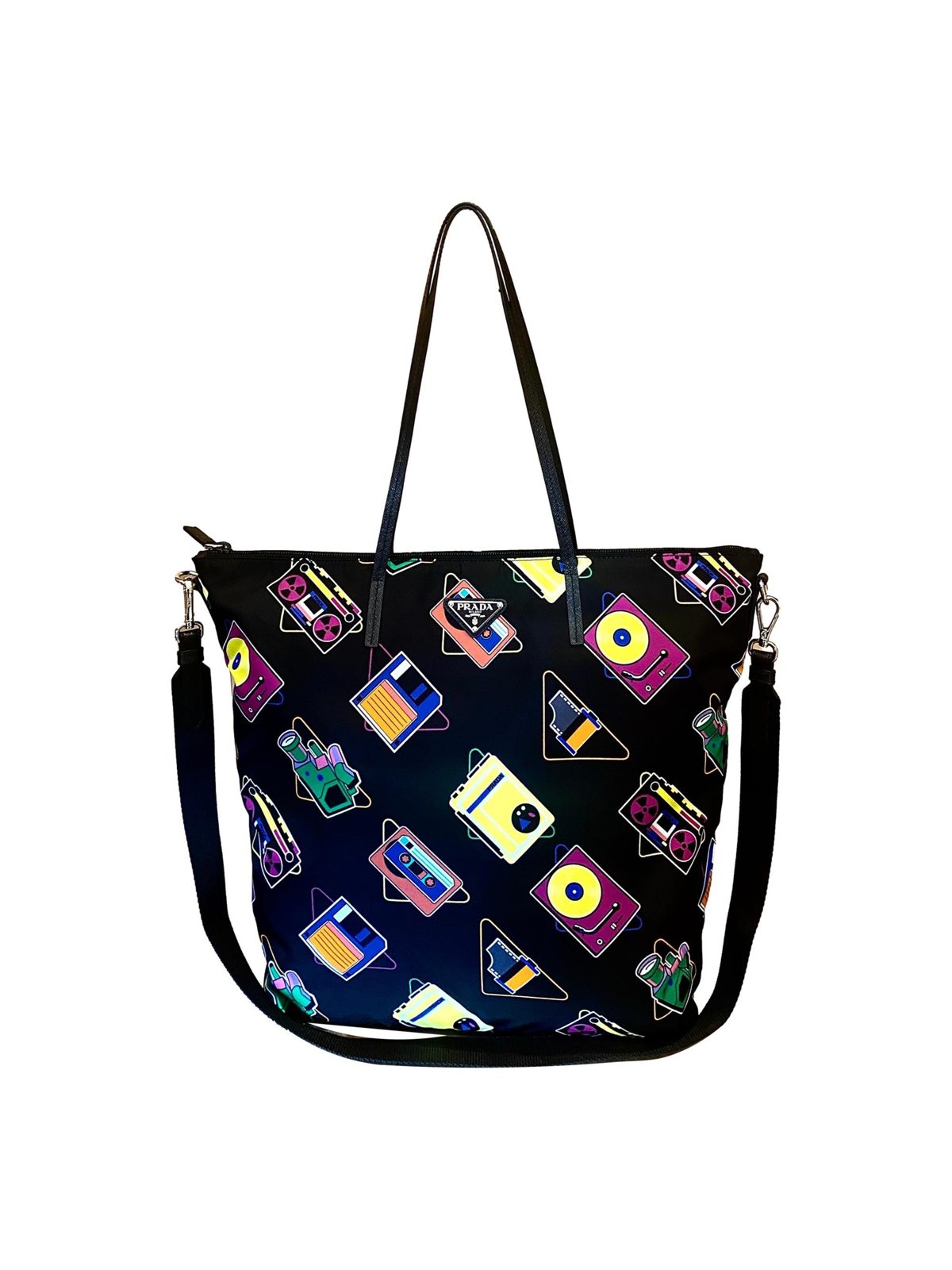 Prada Cassette Print Black Nylon Convertible Tote Shoulder Bag